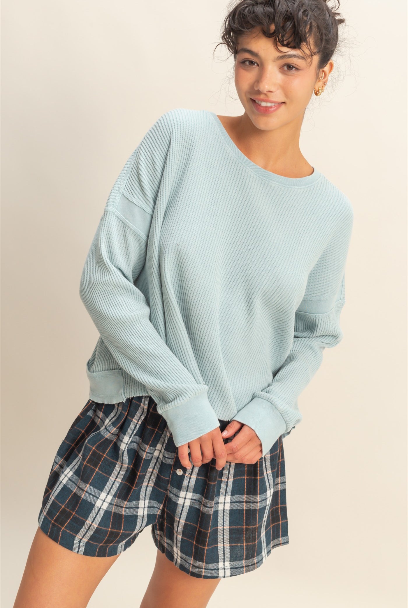 Wholesale Open Back Textured Knit Long Sleeve Top Clothing Tops DZ26A626 SKY BLUE DOUBLE ZERO