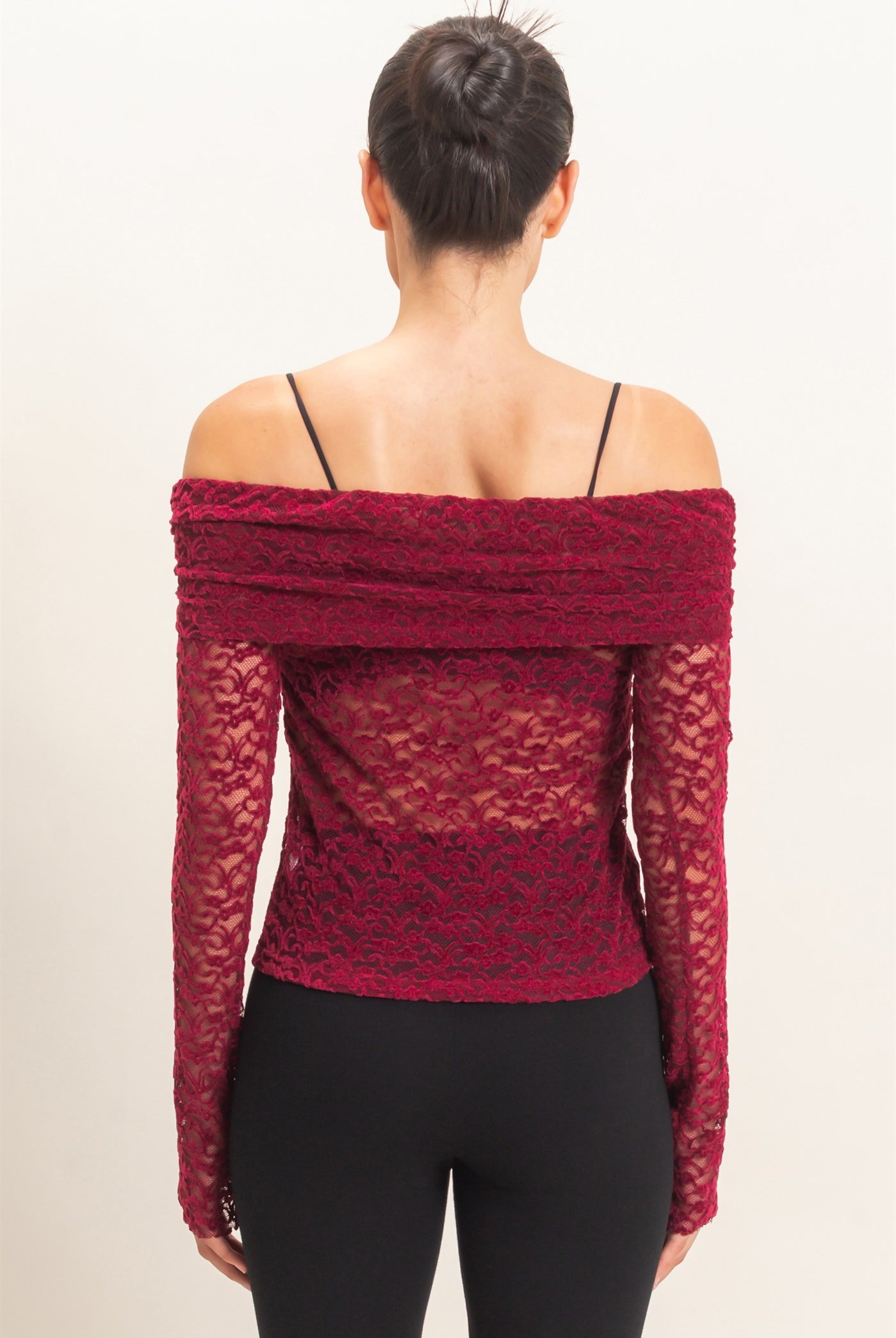 Wholesale Off-Shoulder Lace Top Clothing Tops HF26E407 BURGUNDY HYFVE