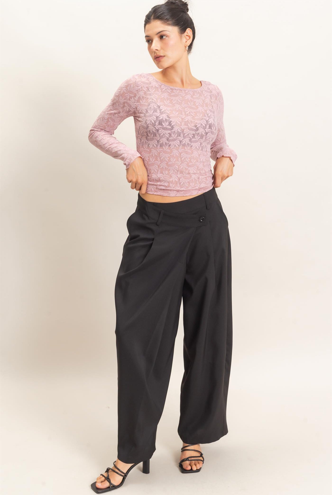 Wholesale Floral Lace Long Sleeve Top Clothing Tops HF26E309 LIGHT MAUVE HYFVE