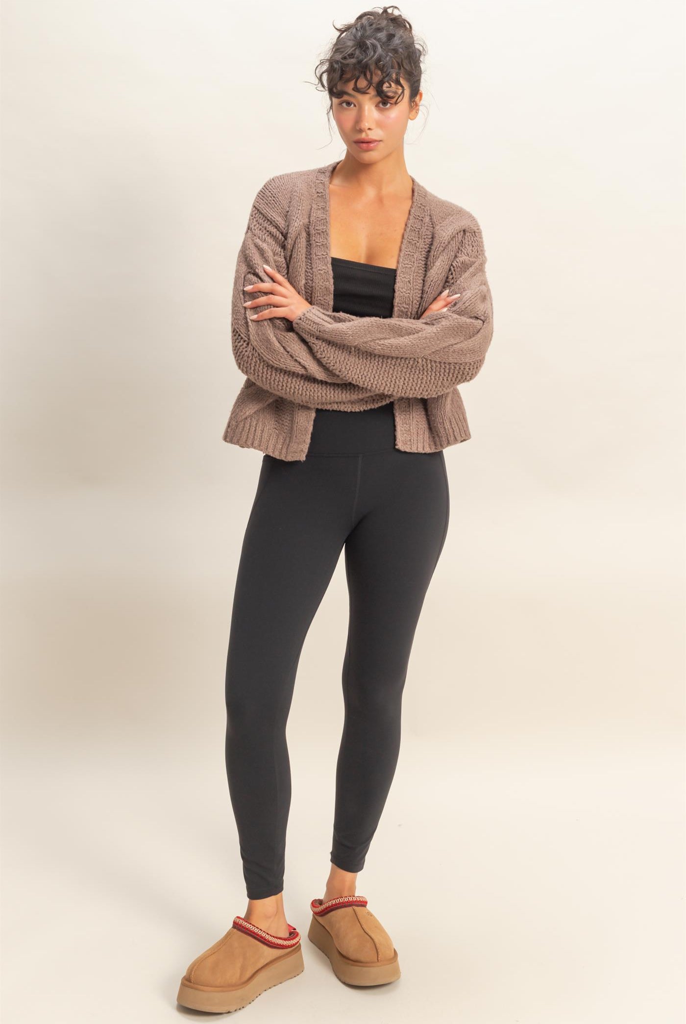 Wholesale Oversized Cable Knit Open Front Cardigan Sweater Cardigans DZ25F072 LIGHT TAUPE DOUBLE ZERO