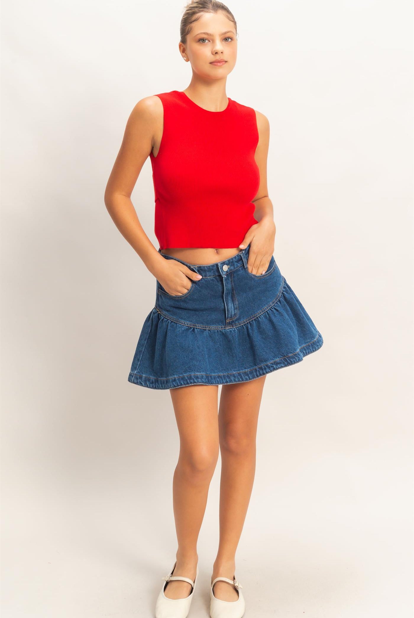 Wholesale Ribbed Crew Neck Sleeveless Open Back Top Clothing Tops DZ26C692 RED DOUBLE ZERO