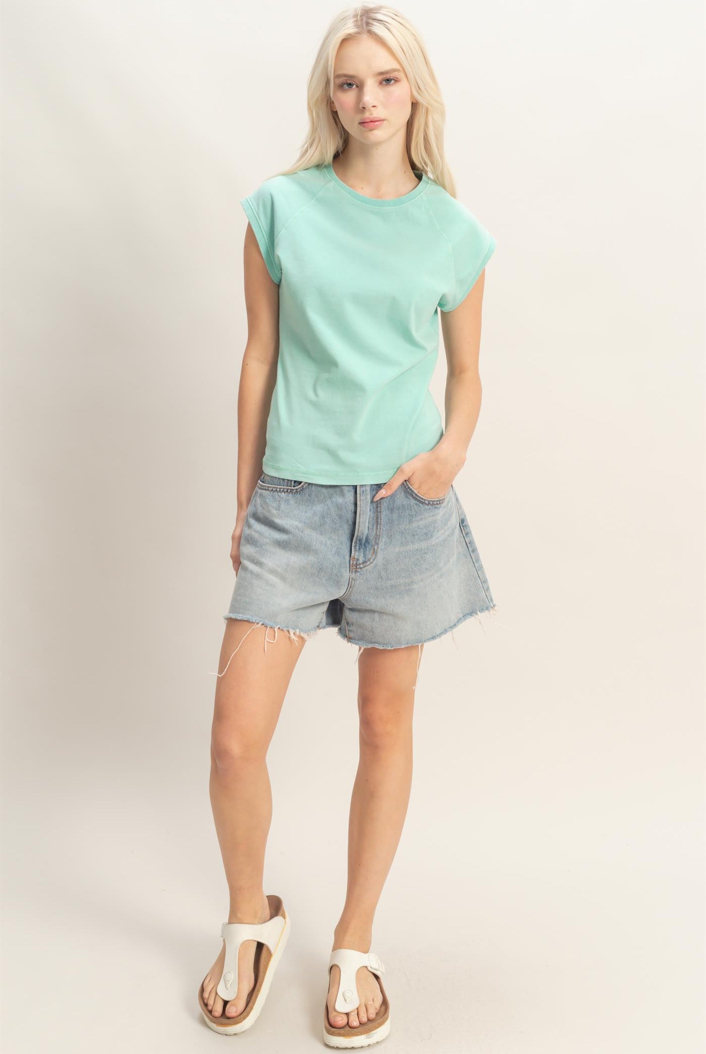 Wholesale Mineral Wash Raglan Short Sleeve Top T-Shirts DZ26A741 TURQUOISE DOUBLE ZERO