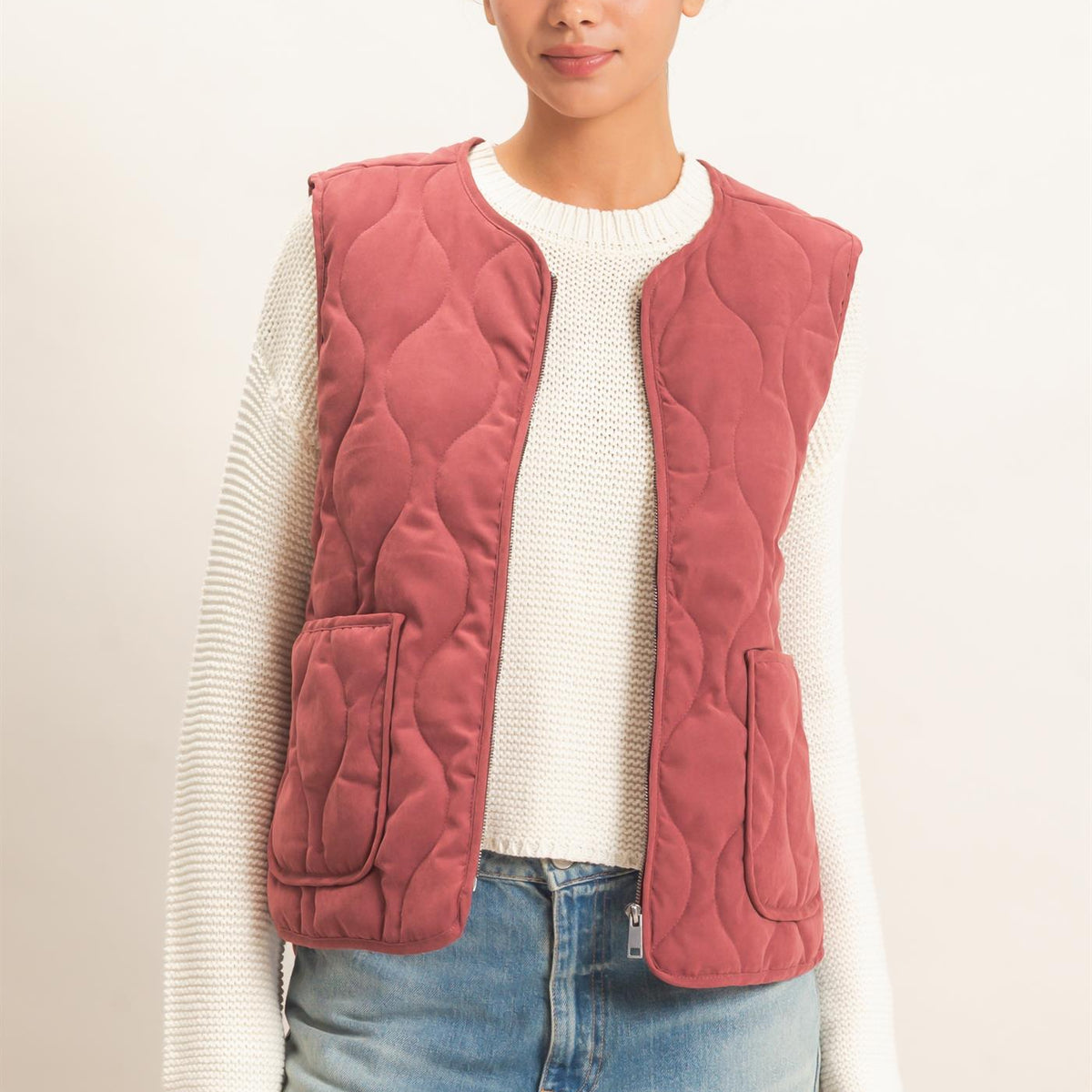 Wholesale Quilted Vest With Pockets Vests DZ26F336 BURGUNDY DOUBLE ZERO