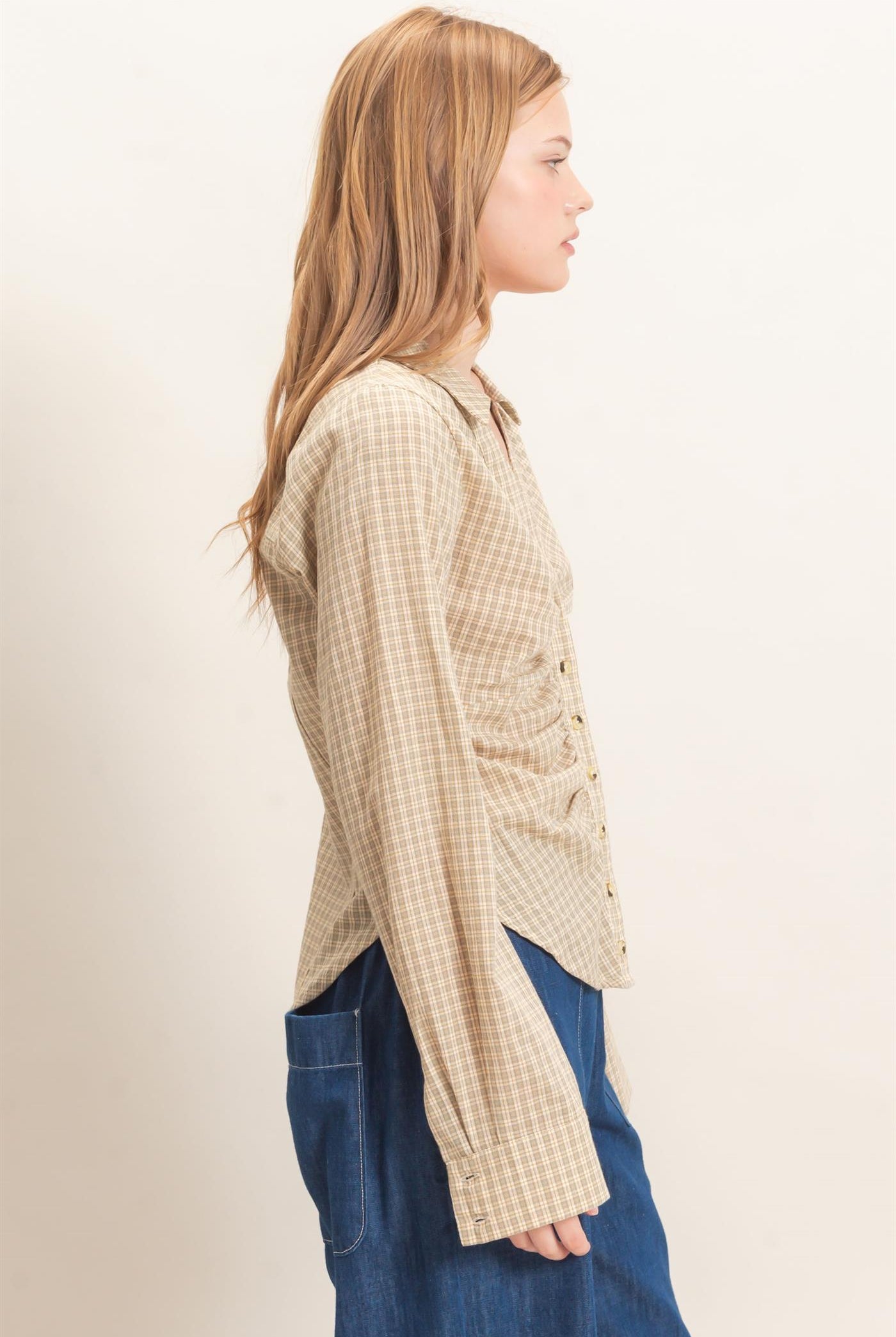 Wholesale Ruched Button-Down Shirt Blouses HF26E348 CREAM HYFVE