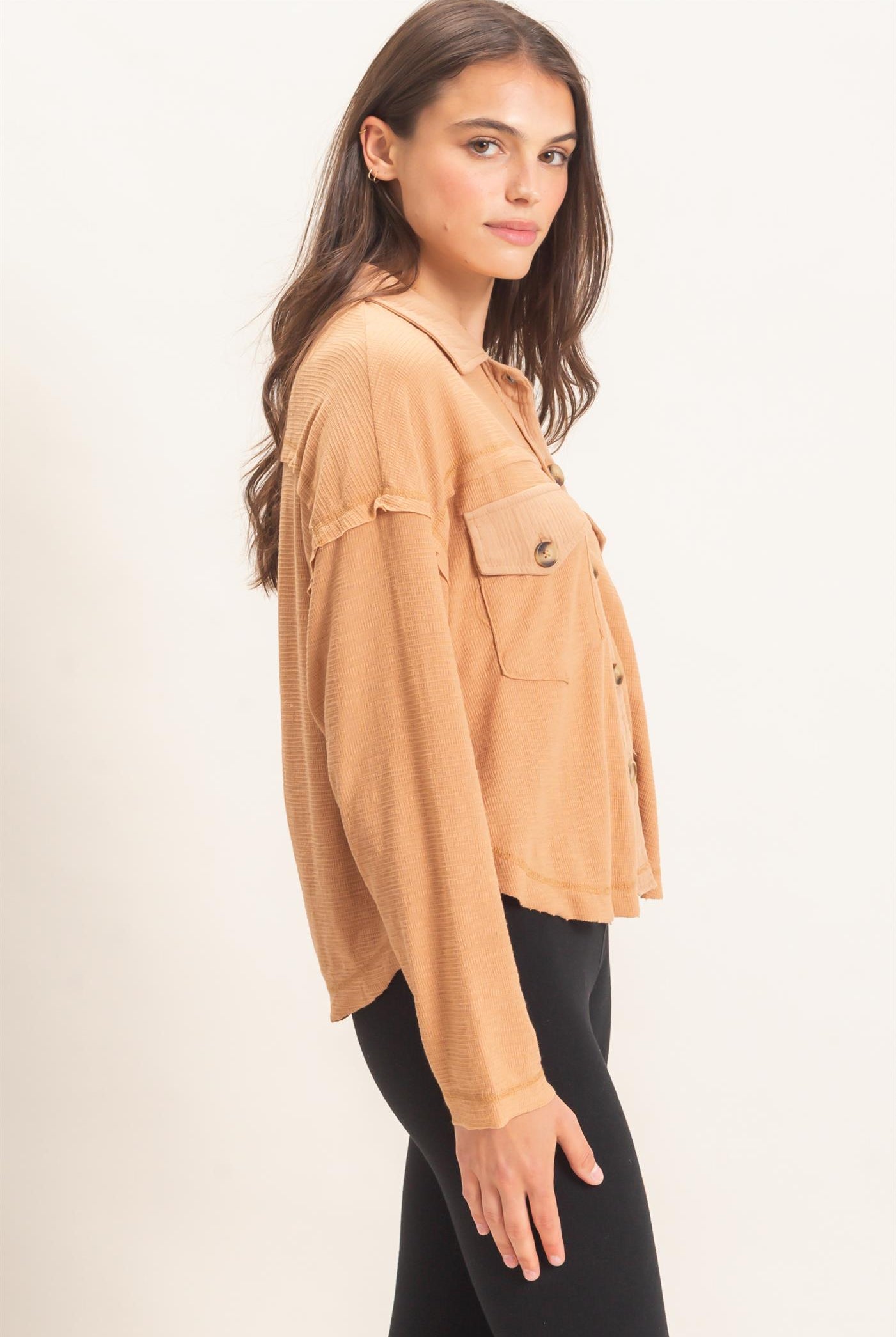 Wholesale Textured Button-Up Shirt Clothing Tops HF26C878 LIGHT BROWN HYFVE
