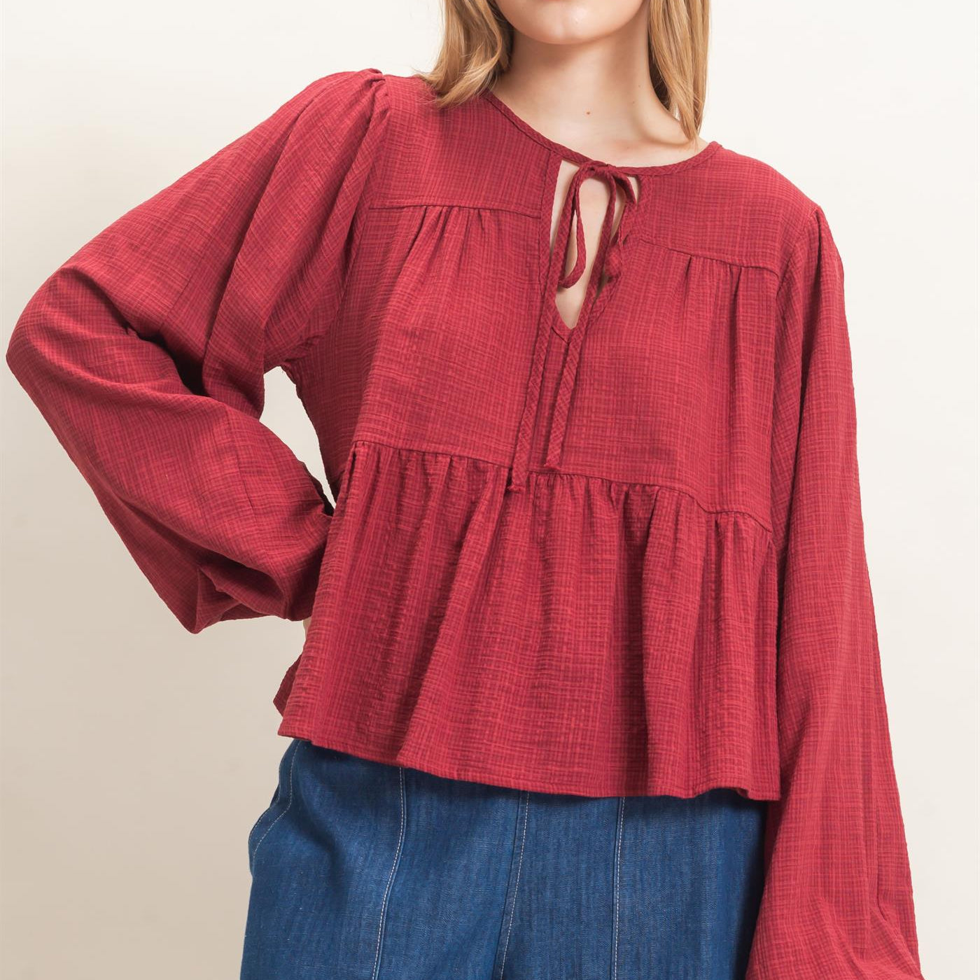 Wholesale Tie Front Peplum Blouse Blouses HF26F065 BURGUNDY HYFVE