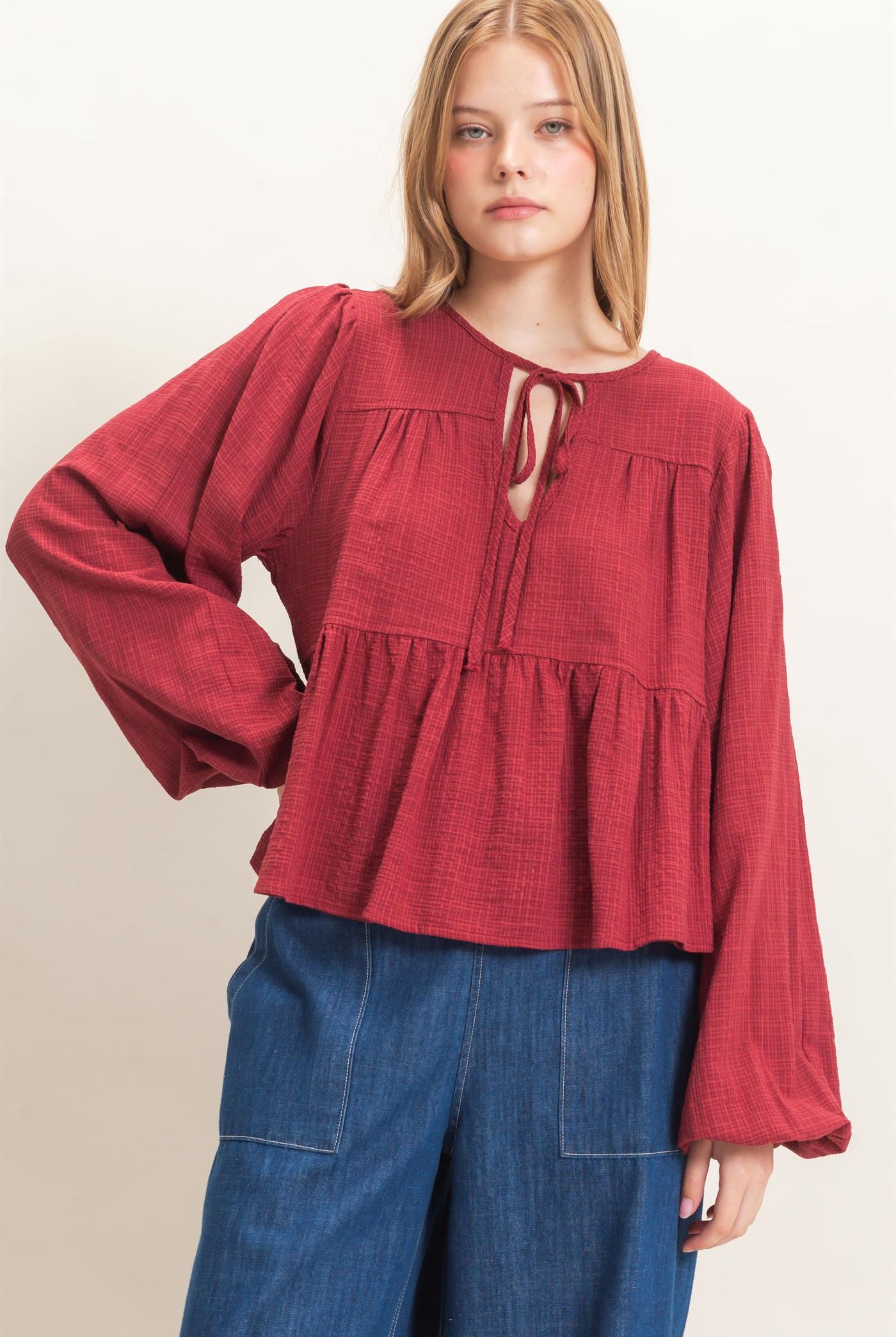 Wholesale Tie Front Peplum Blouse Blouses HF26F065 BURGUNDY HYFVE
