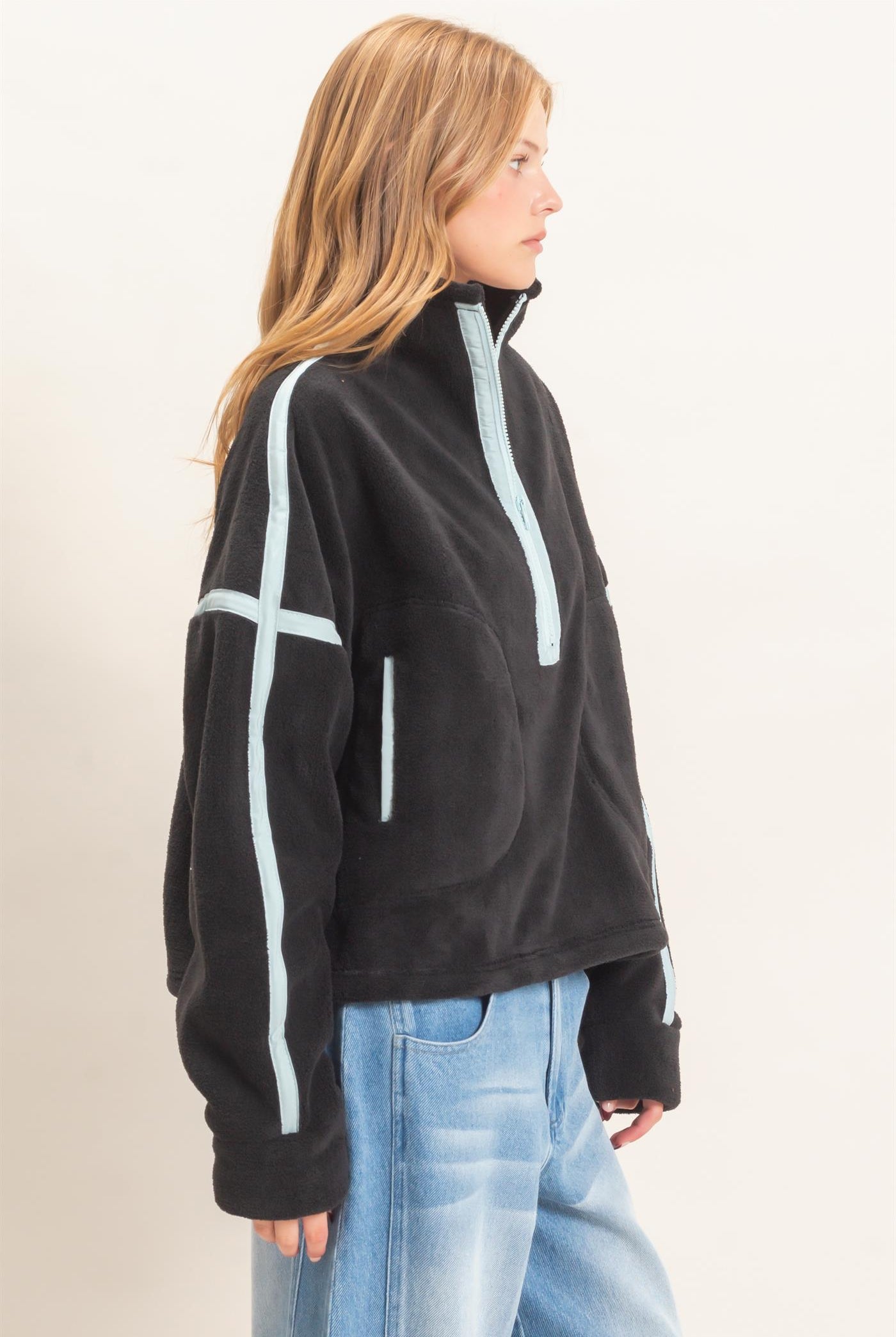 Wholesale Contrast Trim Half-Zip Fleece Pullover Outerwear HF26F206-D BLACK HYFVE