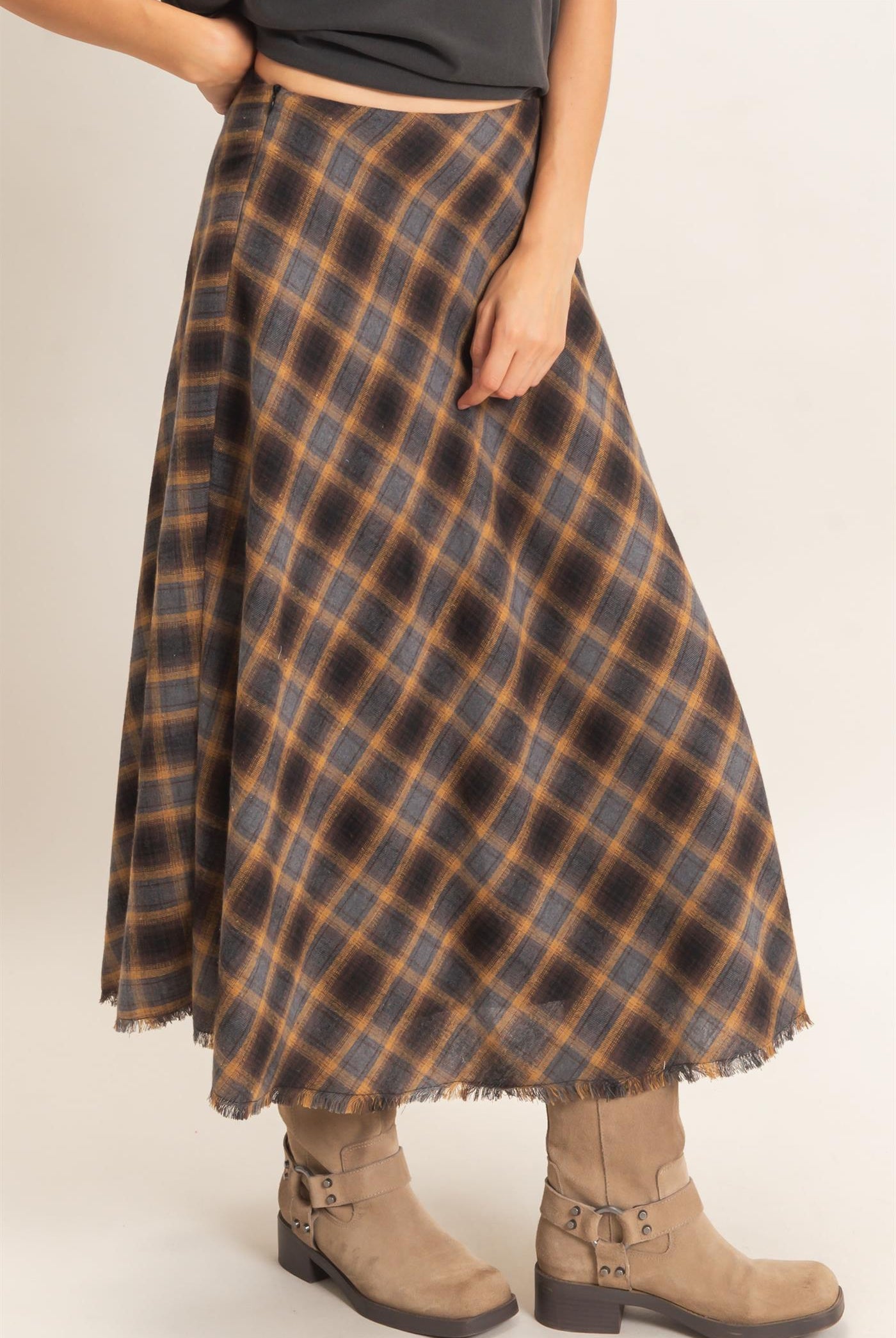 Wholesale A-Line Plaid Frayed Hem Skirt Skirts HF26E972 MUSTARD HYFVE