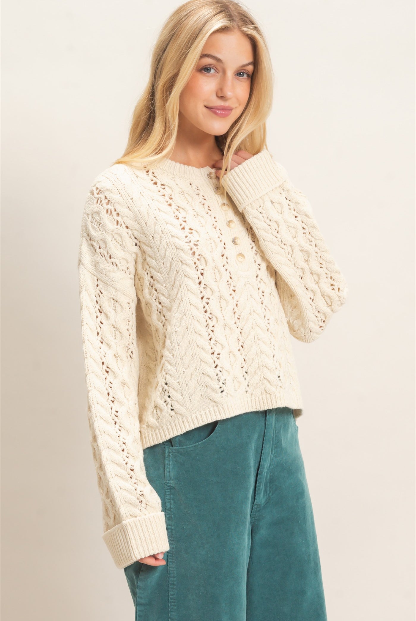 Wholesale Cable Knit Henley Sweaters HF26E552 CREAM HYFVE