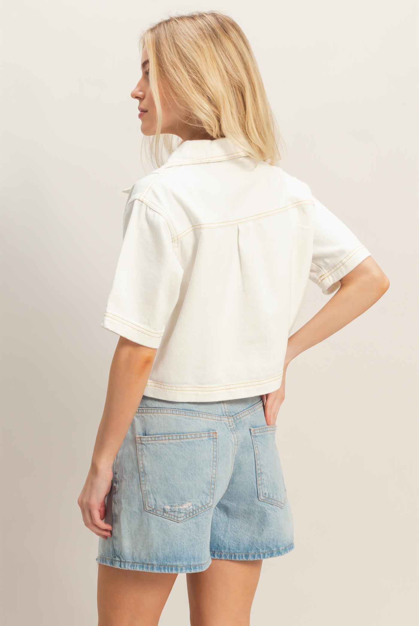 Wholesale Denim V-Neck Cropped Top Clothing Tops HF26C295 WHITE HYFVE