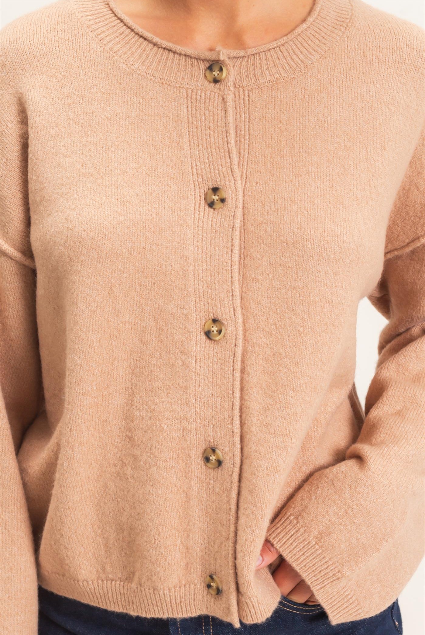 Wholesale Crew Neck Loose Fit Cardigan Cardigans DZ26E269 DARK TAUPE DOUBLE ZERO