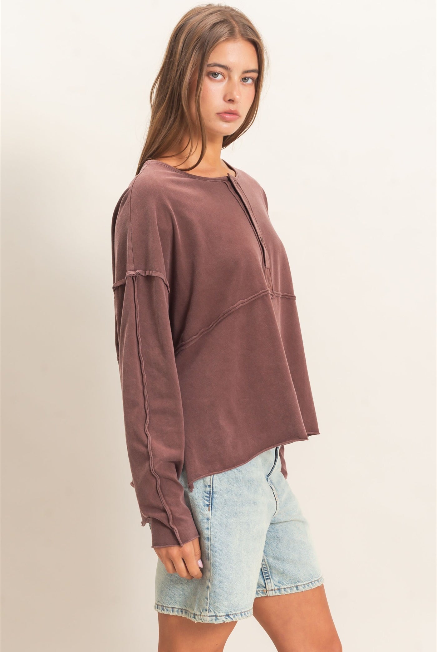 Wholesale Oversized Henley Top With Raw Edges Clothing Tops DZ26F128 DARK BROWN DOUBLE ZERO