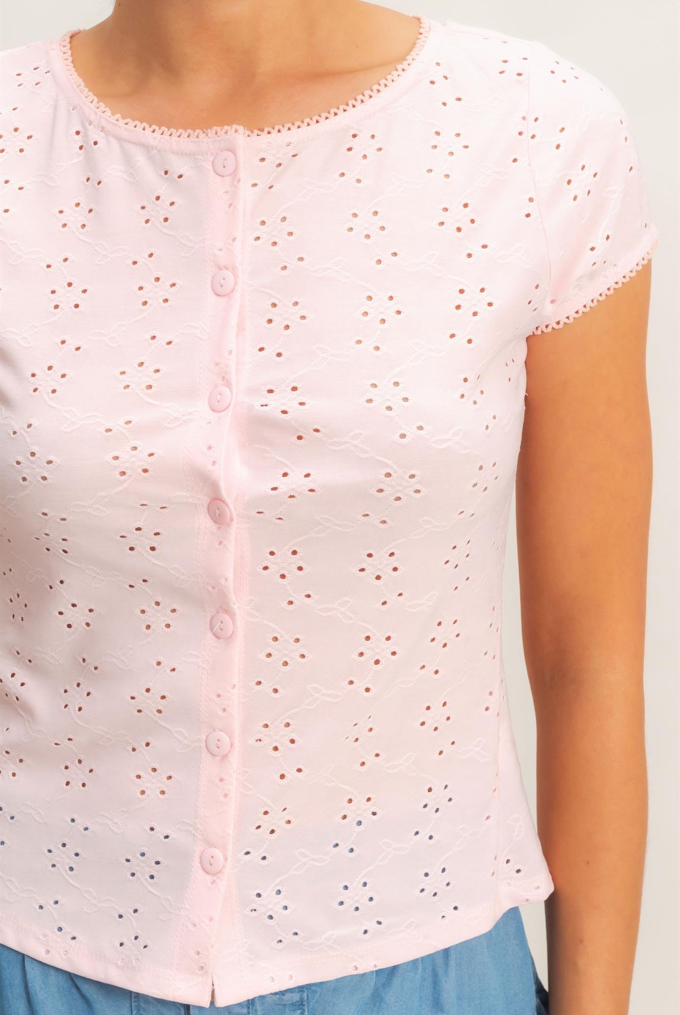 Wholesale Eyelet Button Front Knit Top Clothing Tops HF26C094 PINK HYFVE