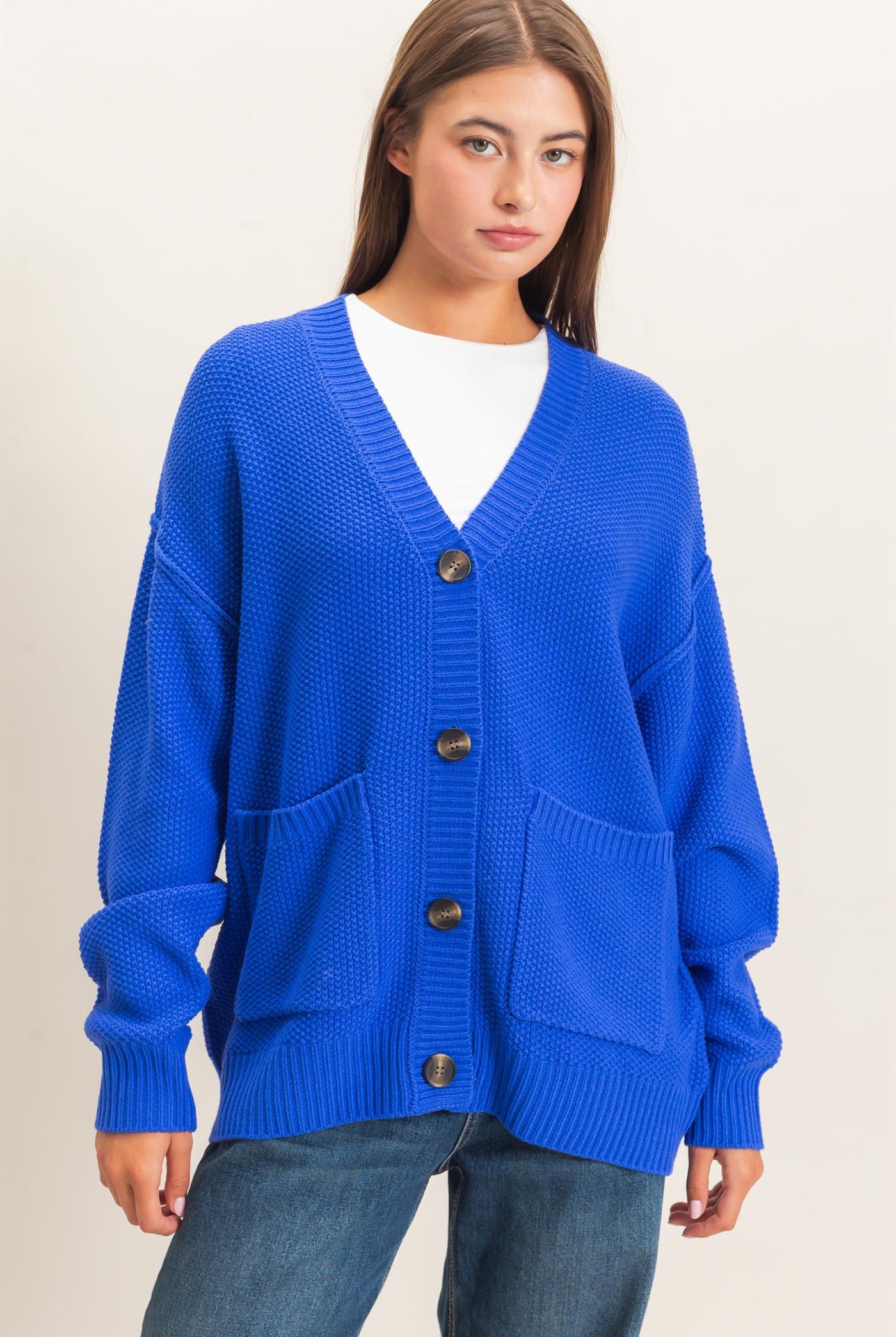 Wholesale Textured Oversized Knit Buttoned Cardigan Cardigans DZ26C971 COBALT DOUBLE ZERO