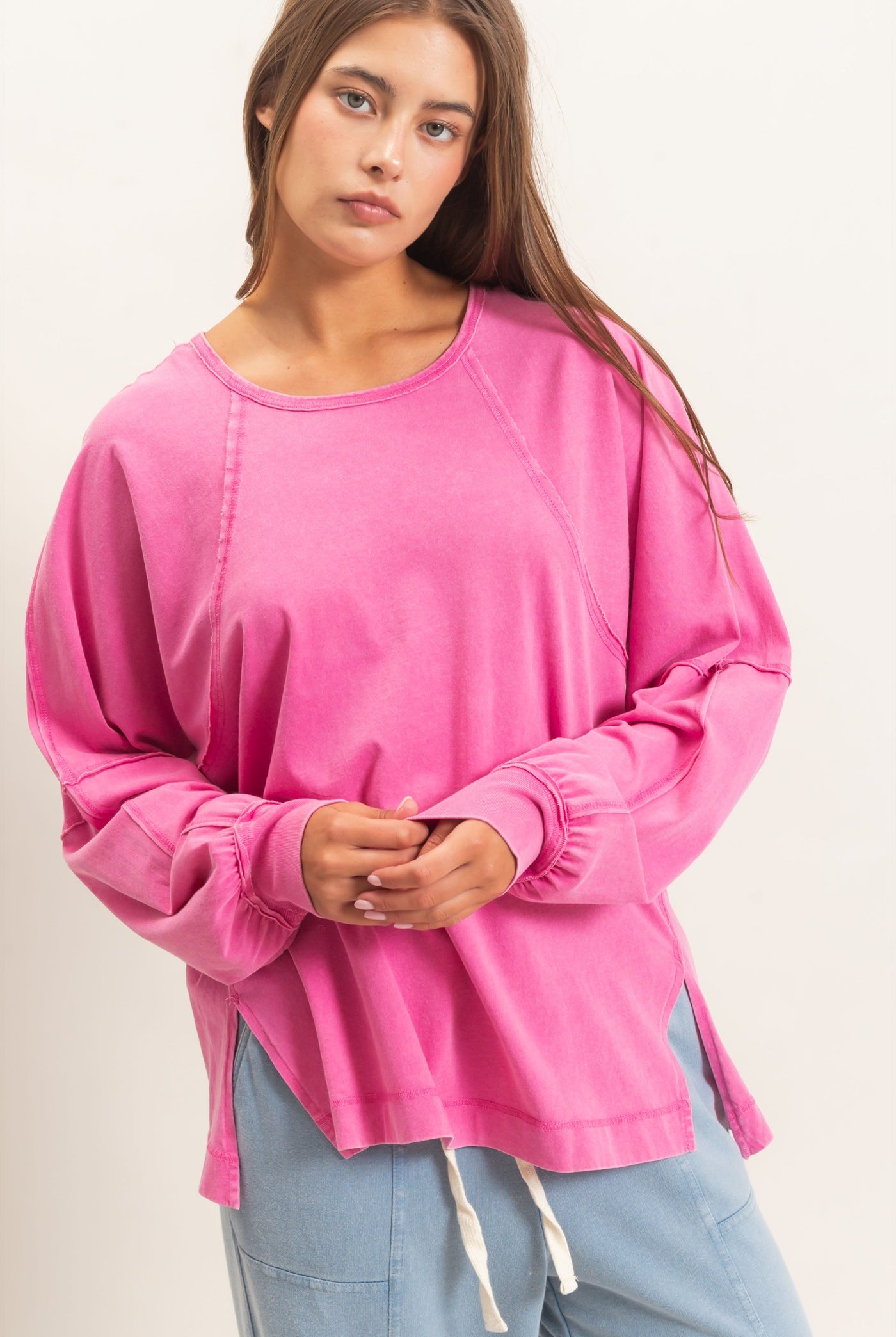 Wholesale Raglan Sleeve Snow Wash Top Shirts DZ26E945 FUCHSIA DOUBLE ZERO