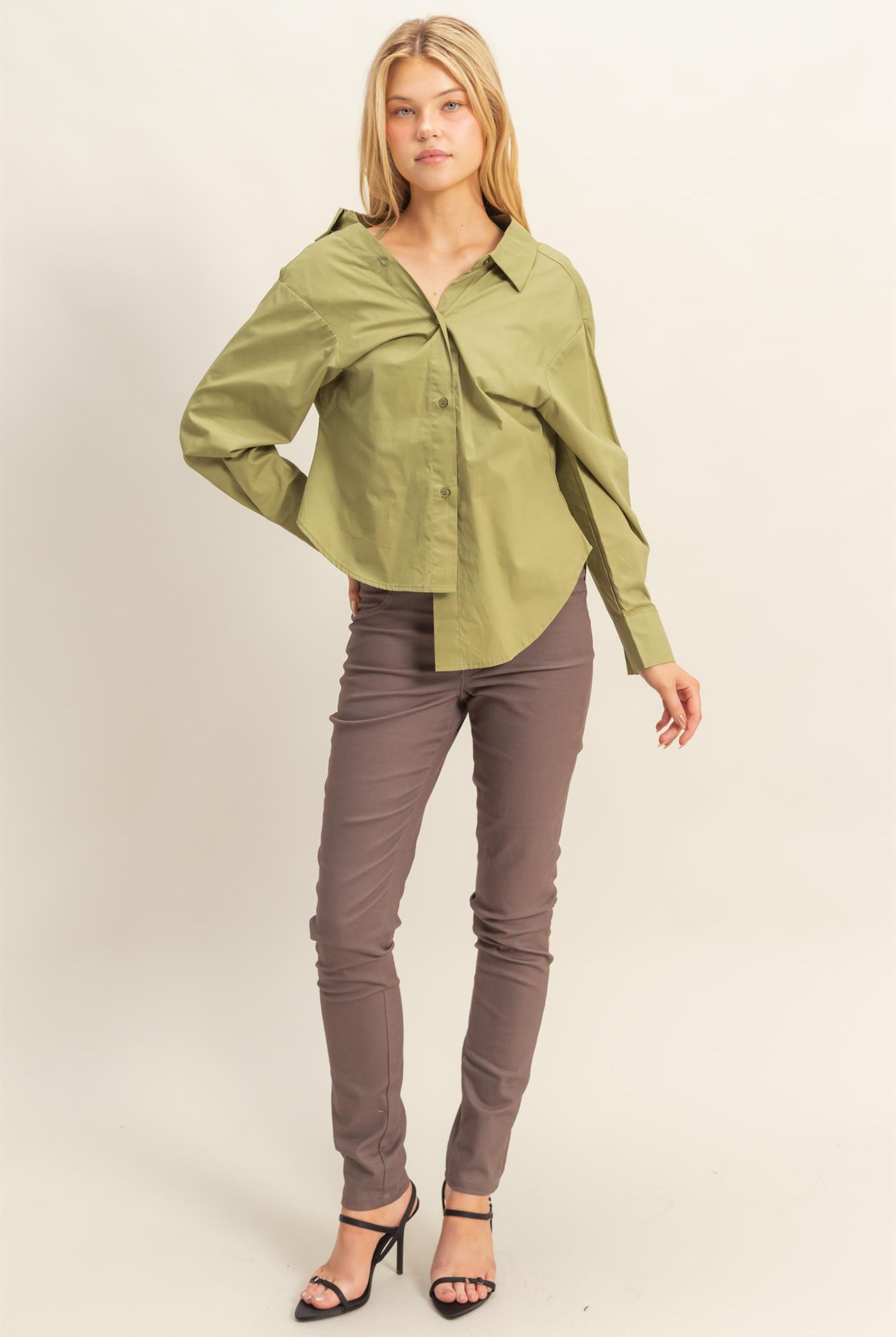 Wholesale Off-The-Shoulder Asymmetrcal Button-Up Shirt Clothing Tops HF22G139 OLIVE HYFVE