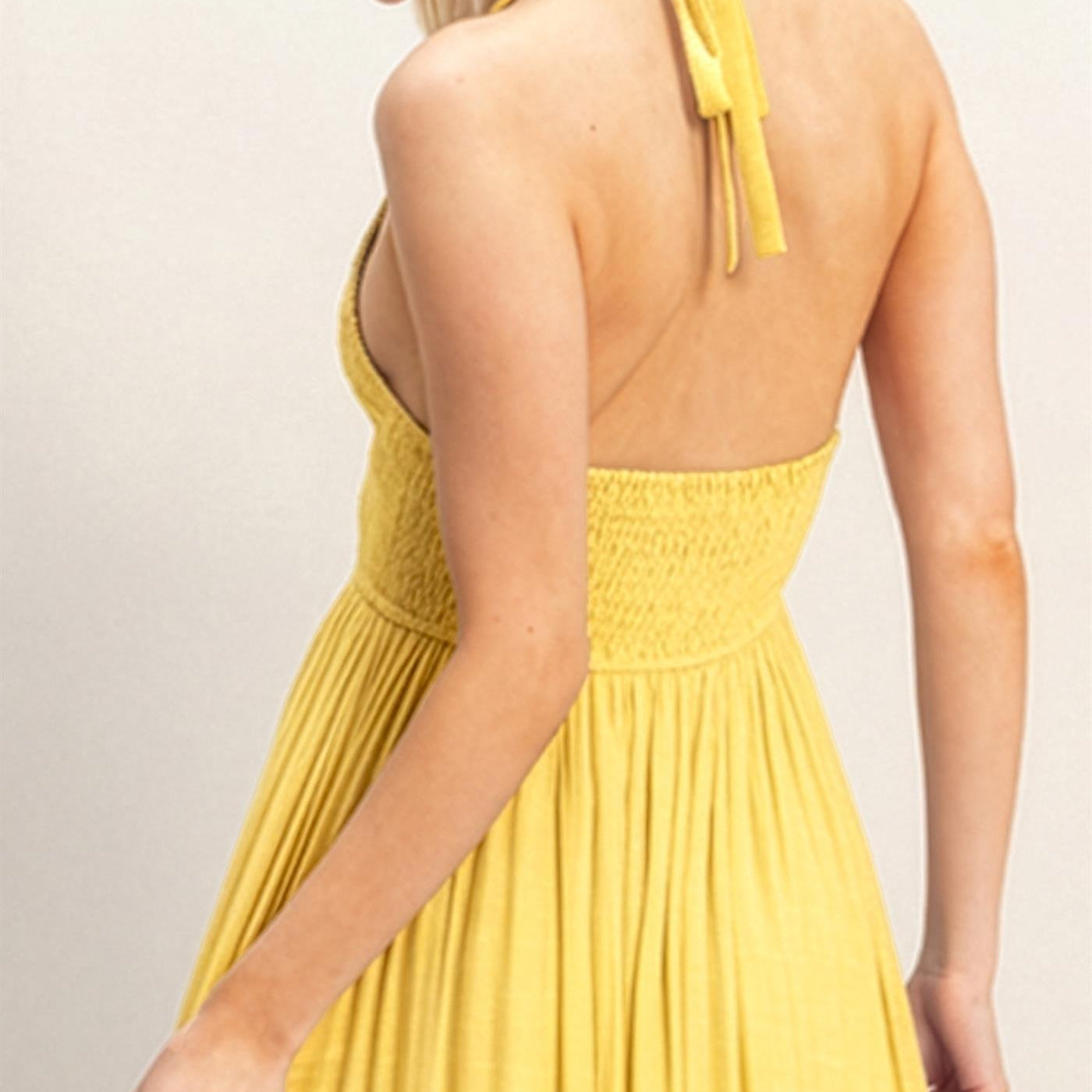 Wholesale Halter Neck Smocked Maxi Dress Dresses HF26C287-D LIGHT YELLOW HYFVE