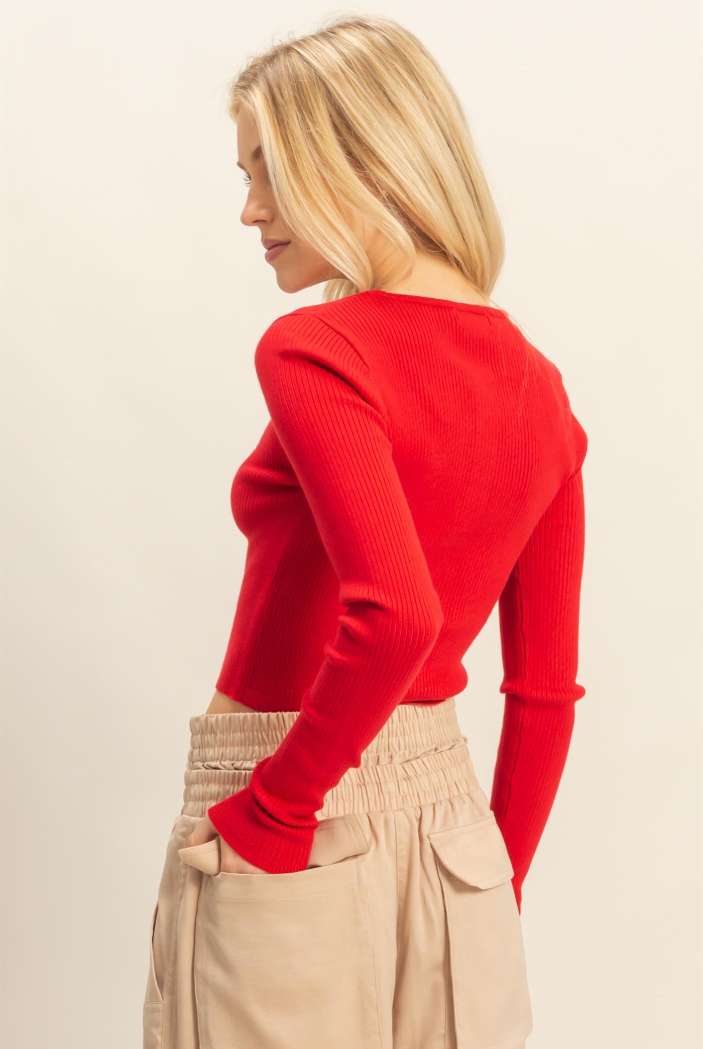 Wholesale Button-Up Ribbed Knit Top Sweaters HF25E930 RED HYFVE