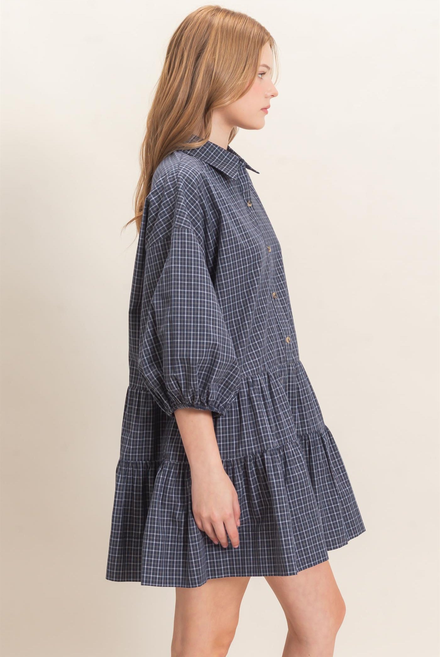Wholesale Plaid Button-Down Tiered Dress Dresses HF26E795 NAVY HYFVE