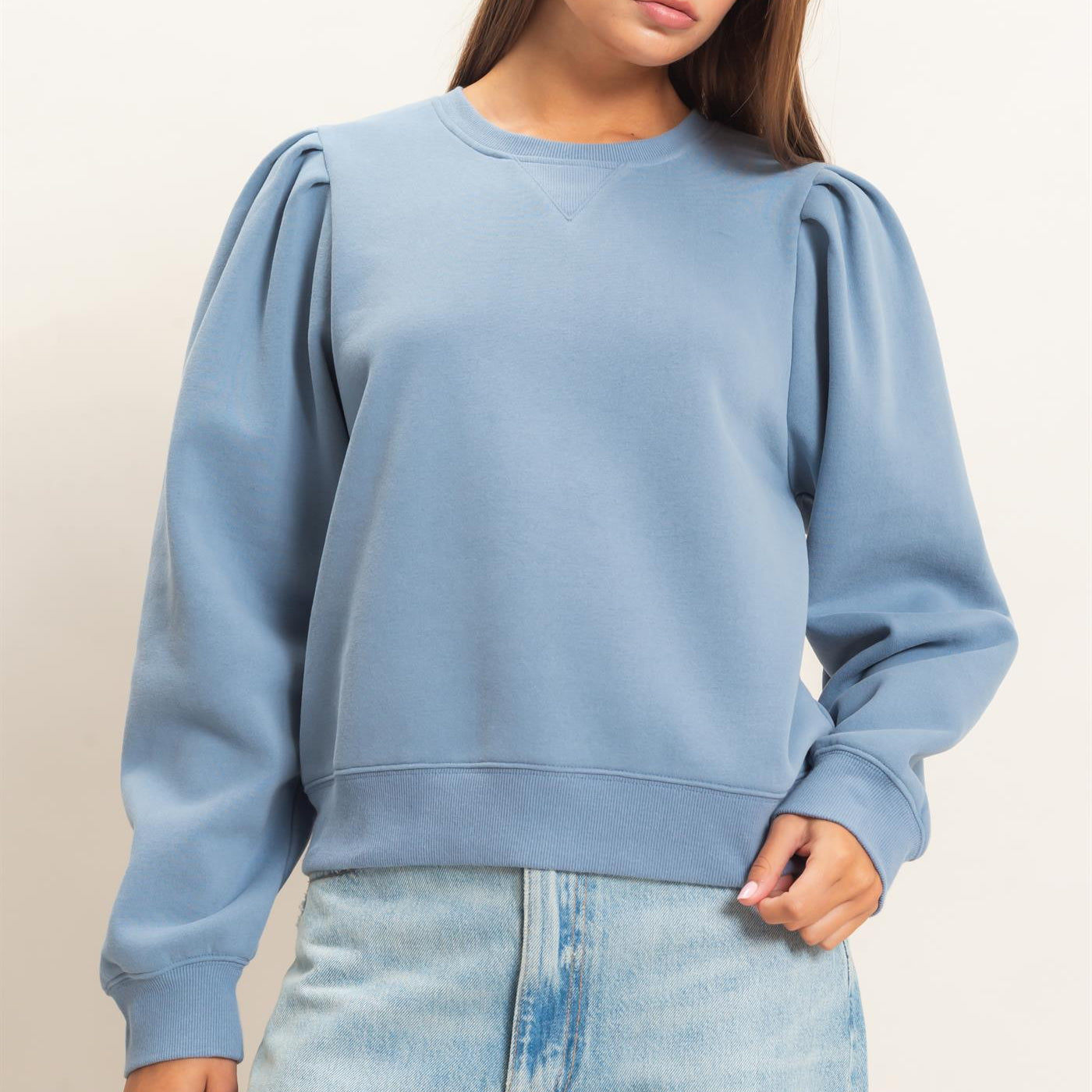 Wholesale Puff Sleeve Crew Neck Sweatshirt Sweatshirts DZ26E110 DUSTY BLUE DOUBLE ZERO