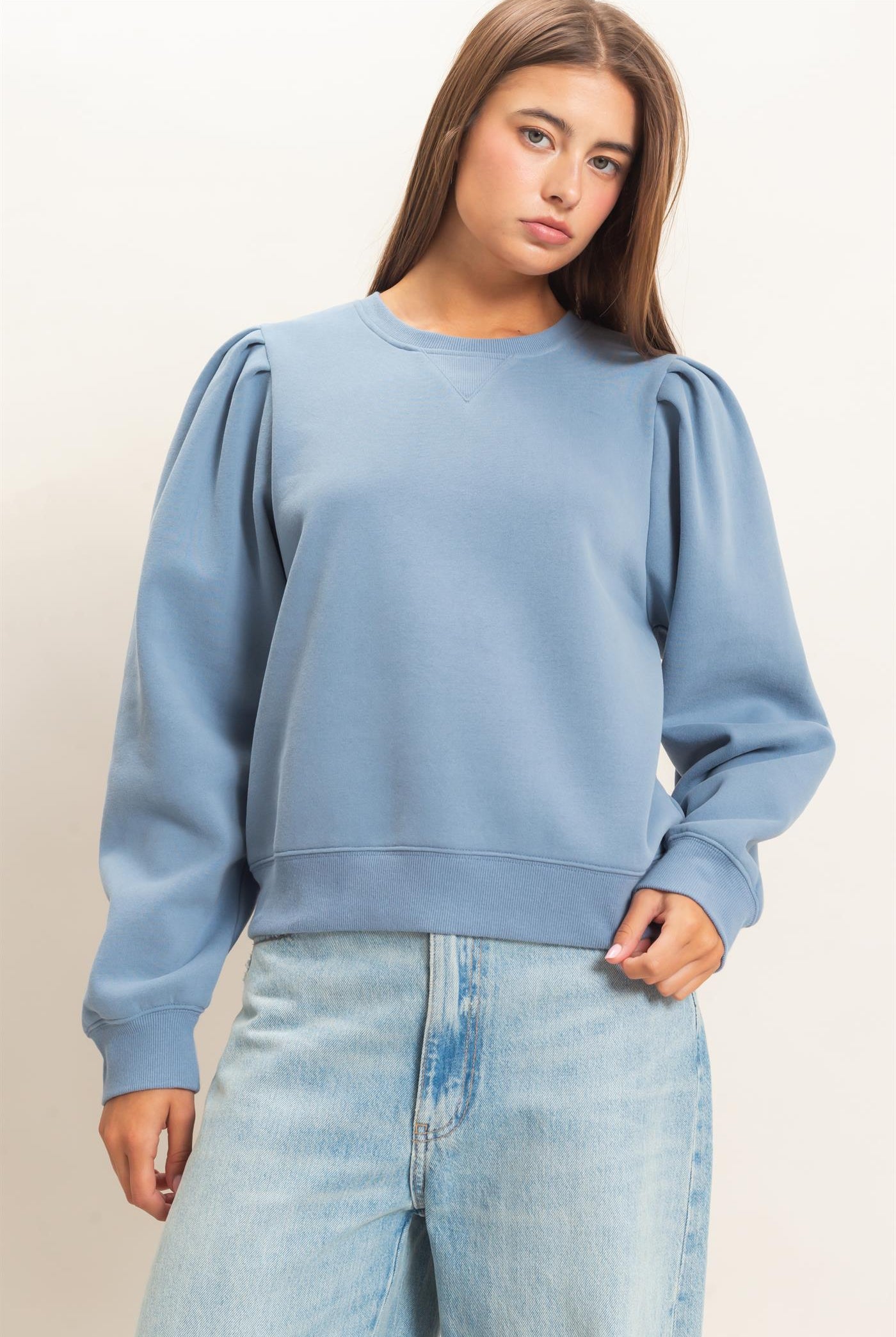 Wholesale Puff Sleeve Crew Neck Sweatshirt Sweatshirts DZ26E110 DUSTY BLUE DOUBLE ZERO