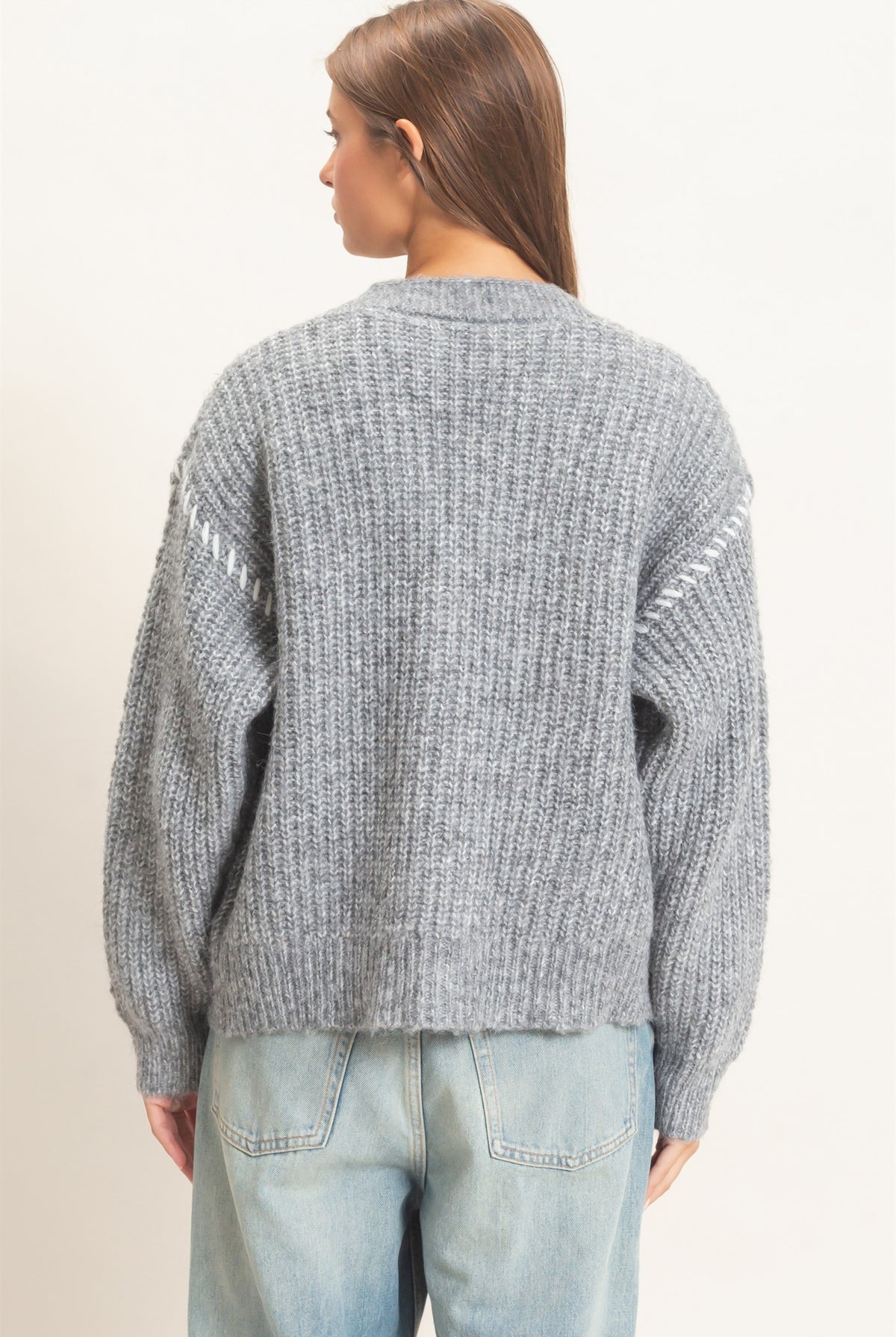 Wholesale Blanket Stitch Oversized Sweater Cardigan Cardigans DZ26E296 HEATHER GRAY DOUBLE ZERO