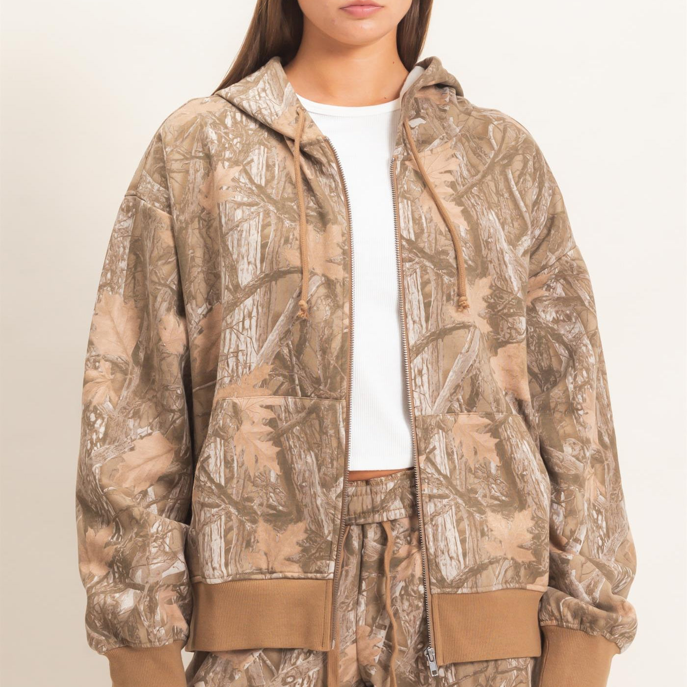 Wholesale Tree Camouflage Zip-Up Hoodie Outerwear DZ26E291 BROWN DOUBLE ZERO