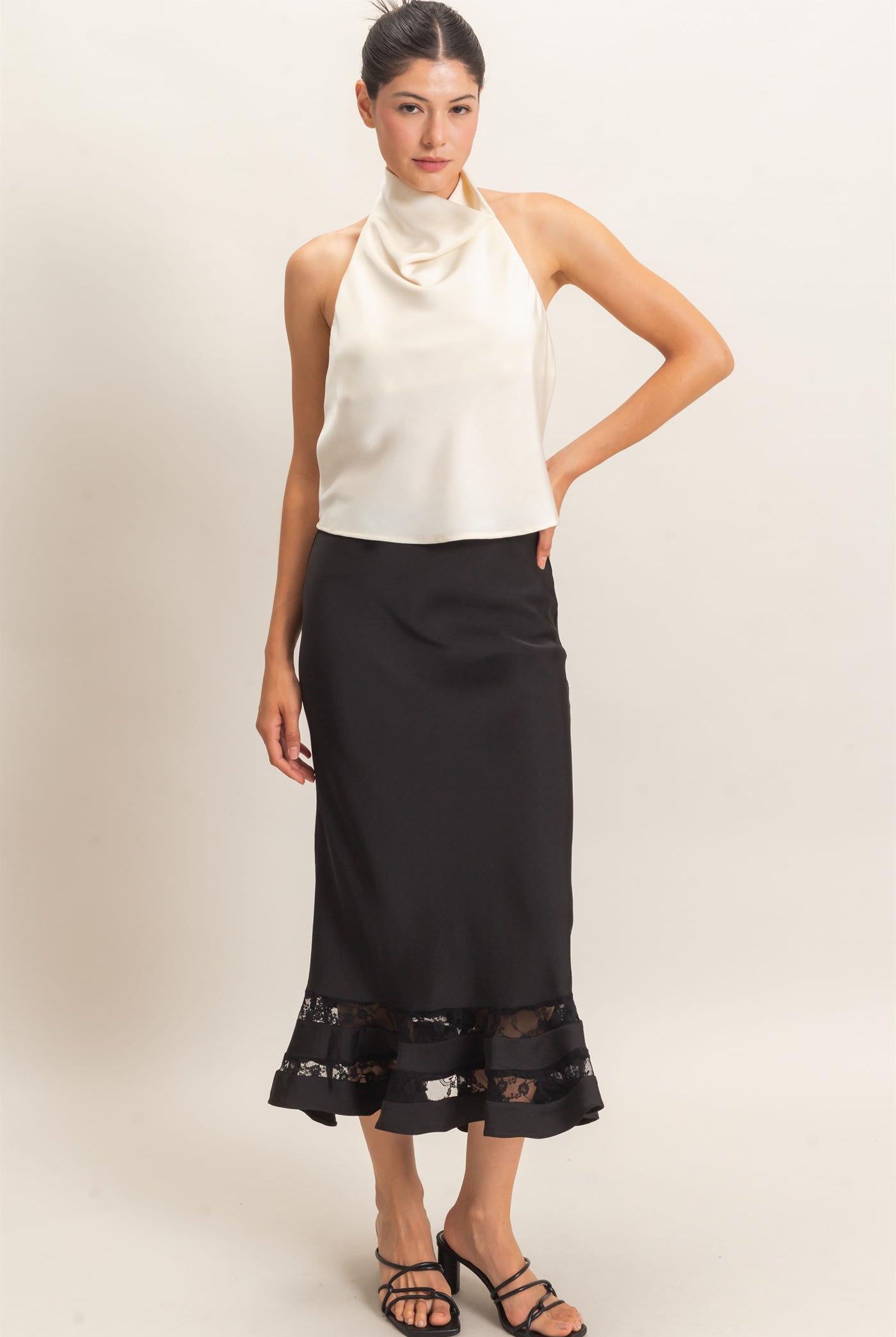 Wholesale Draped Halter Satin Top Blouses HF26E632 CREAM HYFVE