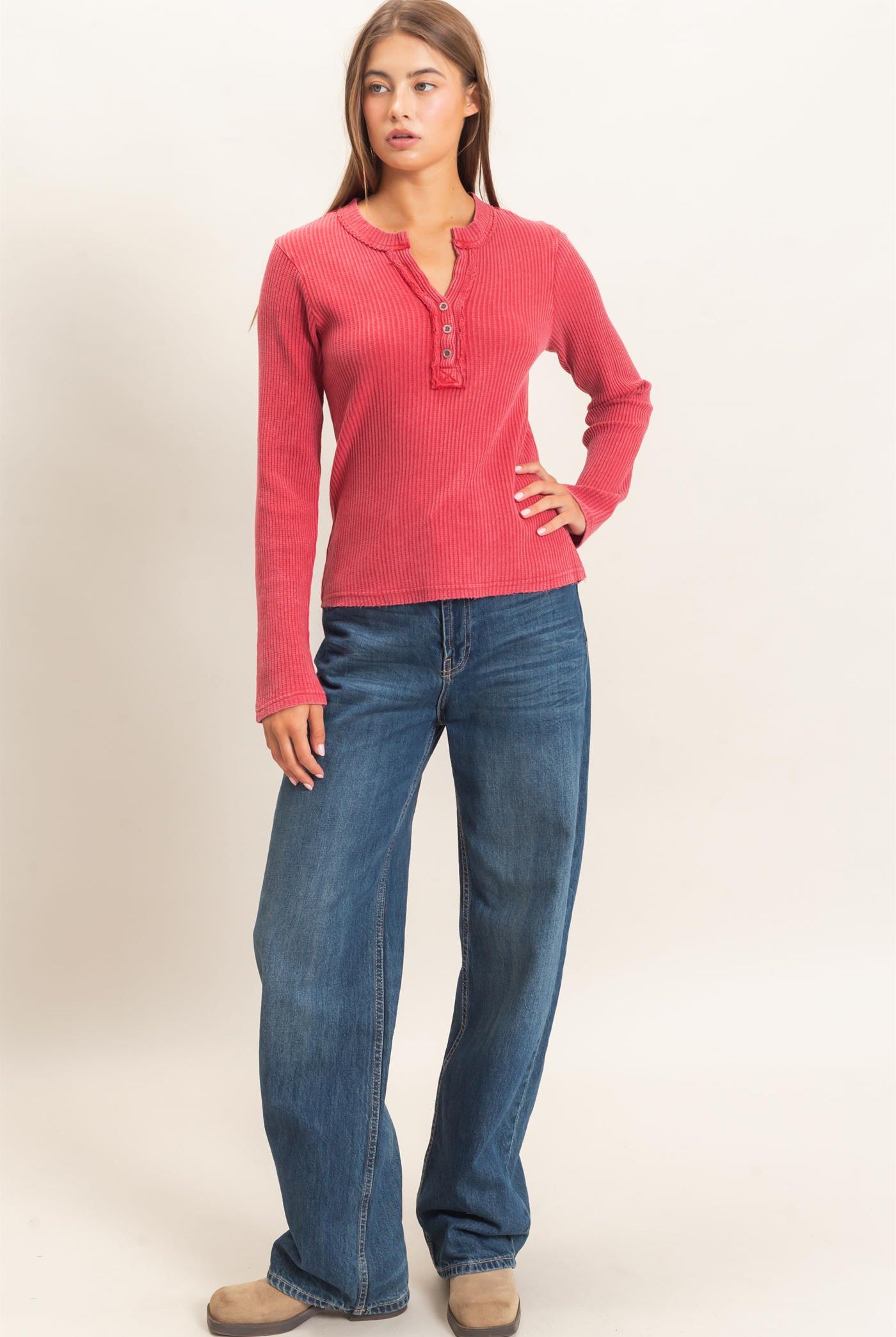 Wholesale Mineral Wash Waffle Henley Long Sleeve Top Clothing Tops DZ26E243 DARK RED DOUBLE ZERO