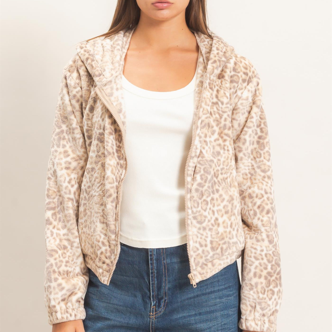Wholesale Leopard Fleece Zip-Up Hoodie Hoodies DZ26E831 BEIGE DOUBLE ZERO