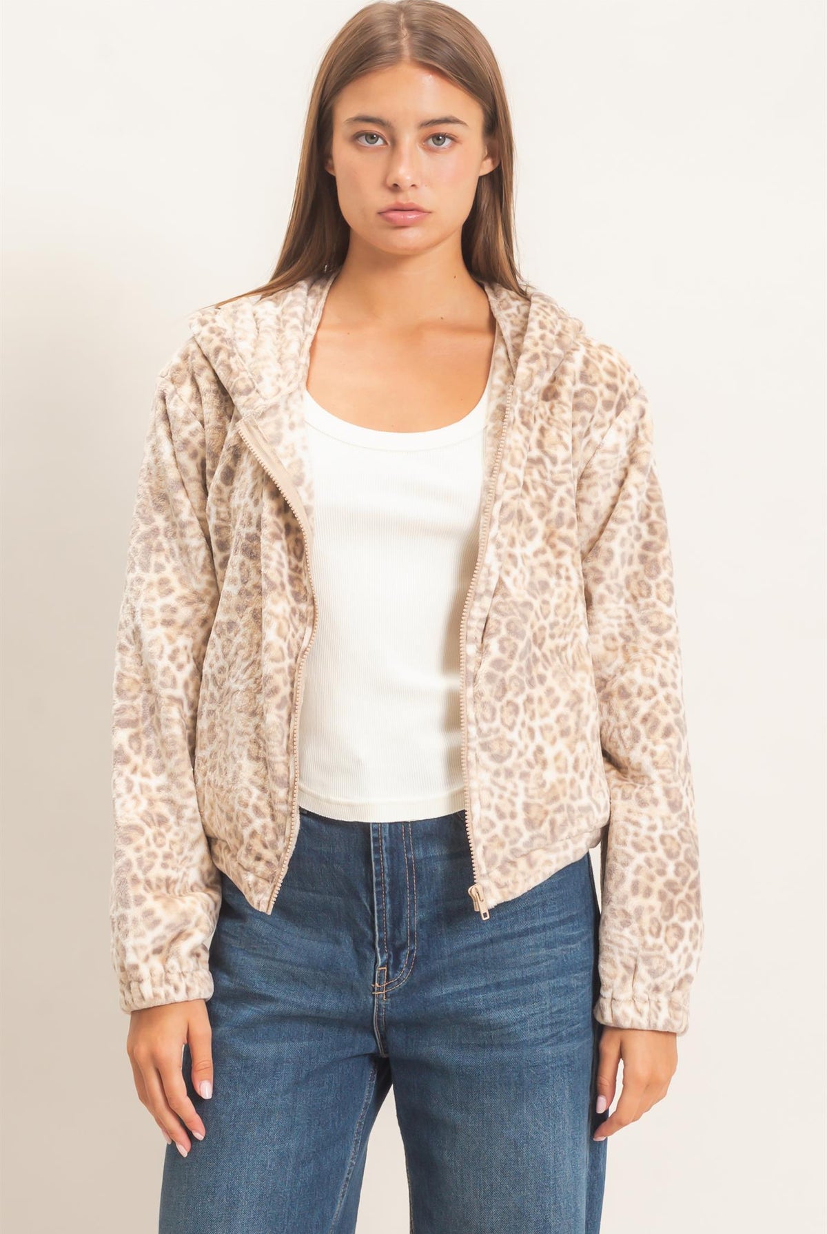 Wholesale Leopard Fleece Zip-Up Hoodie Hoodies DZ26E831 BEIGE DOUBLE ZERO