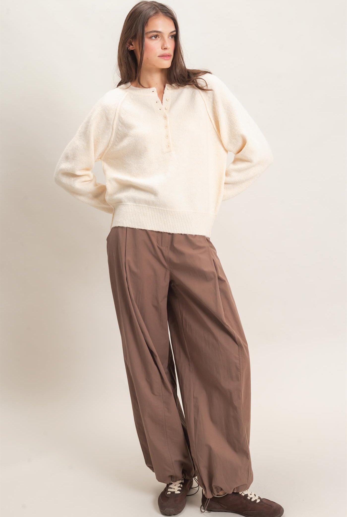 Wholesale Button Front Raglan Sweater Sweaters HF26E152 VANILLA CREAM HYFVE