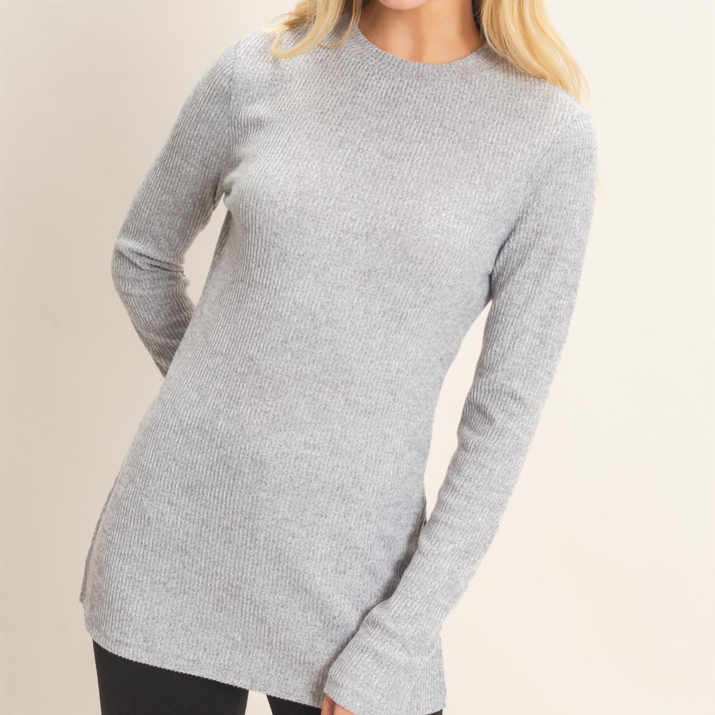 Wholesale Ribbed Crew Neck Sweater Clothing Tops HF26F034 GRAY HYFVE