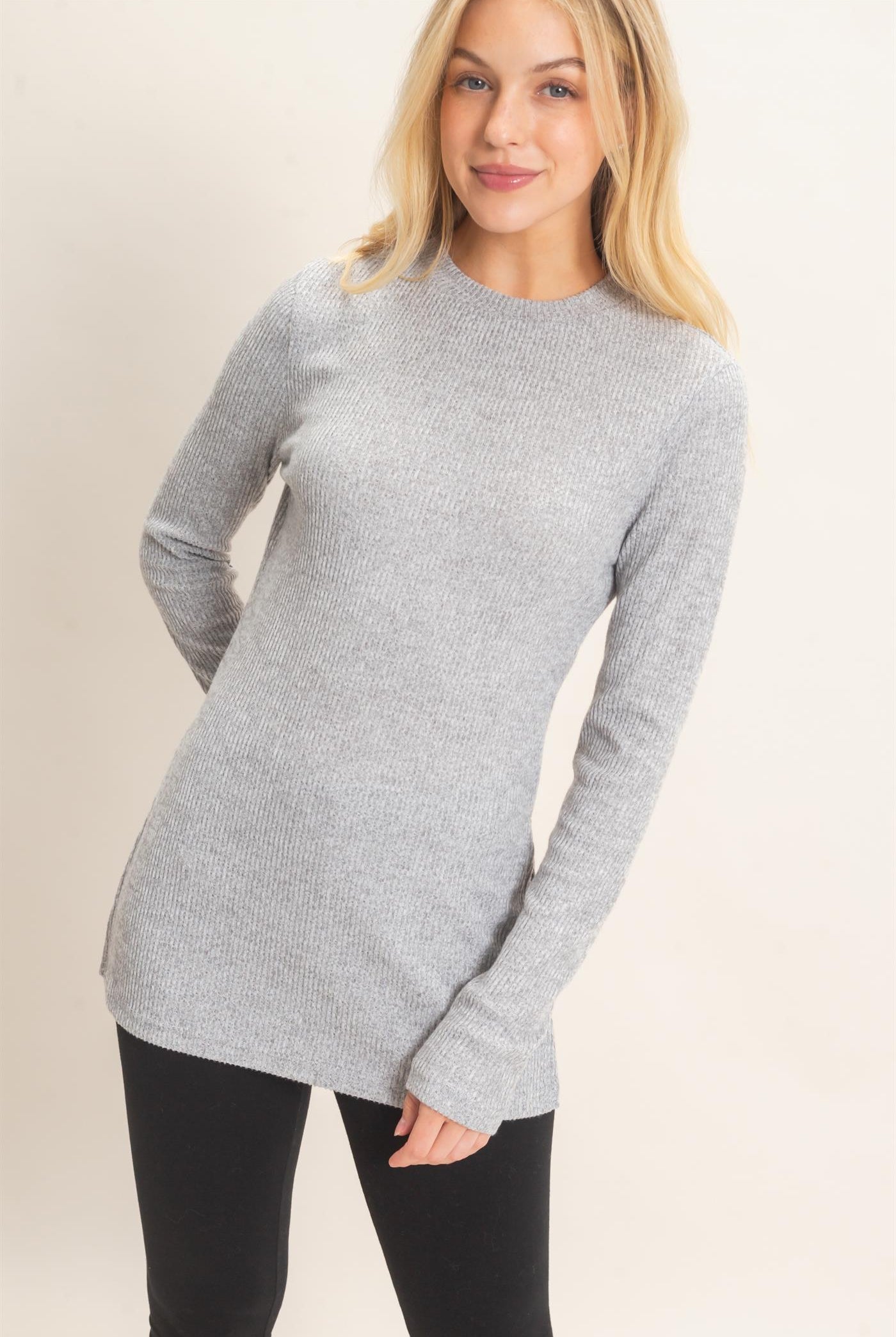 Wholesale Ribbed Crew Neck Sweater Clothing Tops HF26F034 GRAY HYFVE