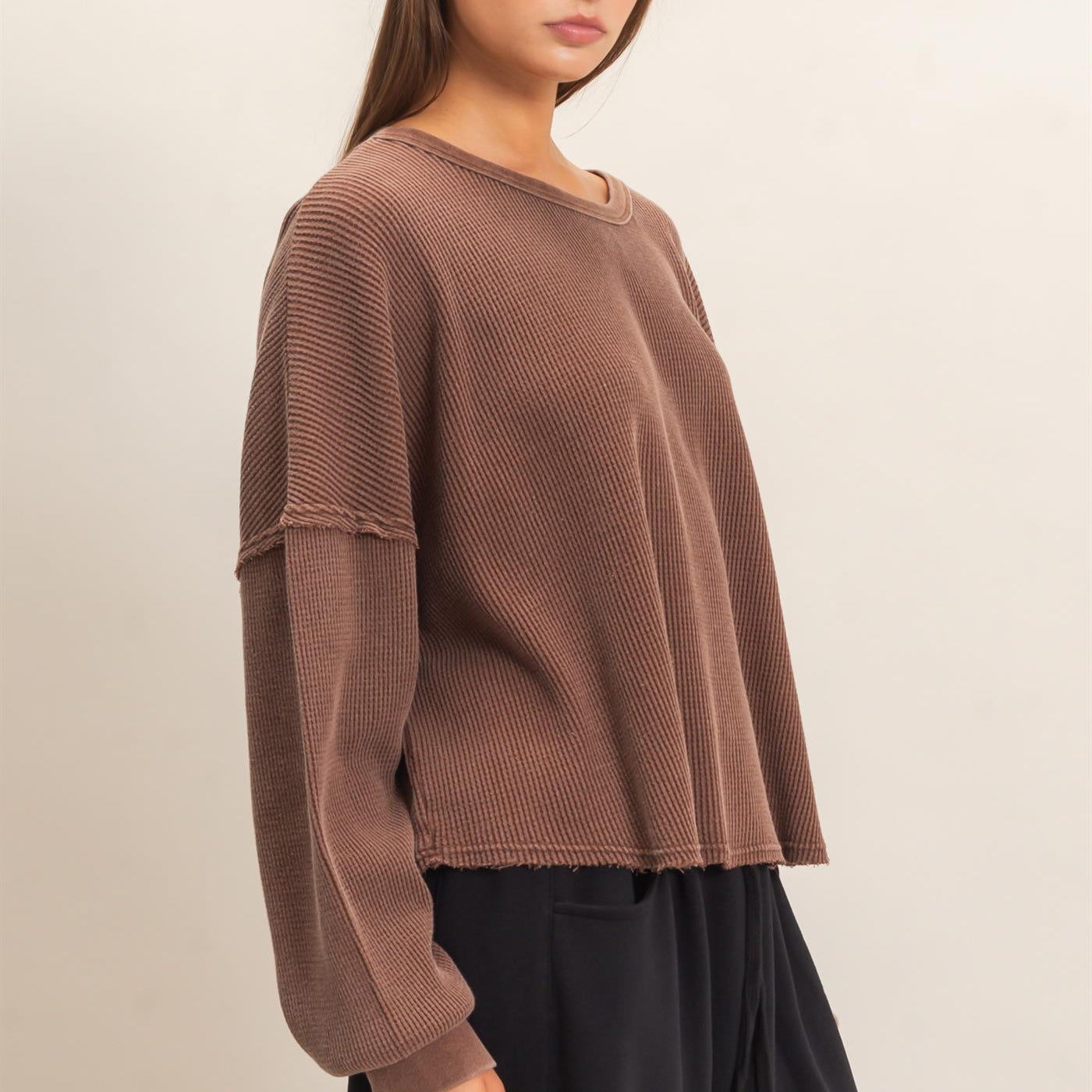 Wholesale Mineral Wash Waffle Oversized Top Clothing Tops DZ26E248 DARK BROWN DOUBLE ZERO
