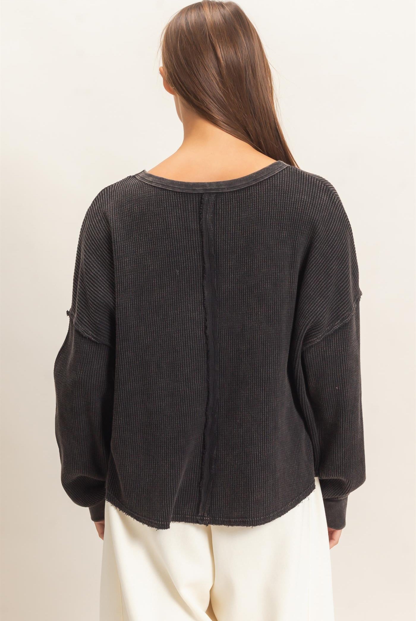 Wholesale Mineral Wash Waffle Oversized Top Clothing Tops DZ26E248 BLACK DOUBLE ZERO