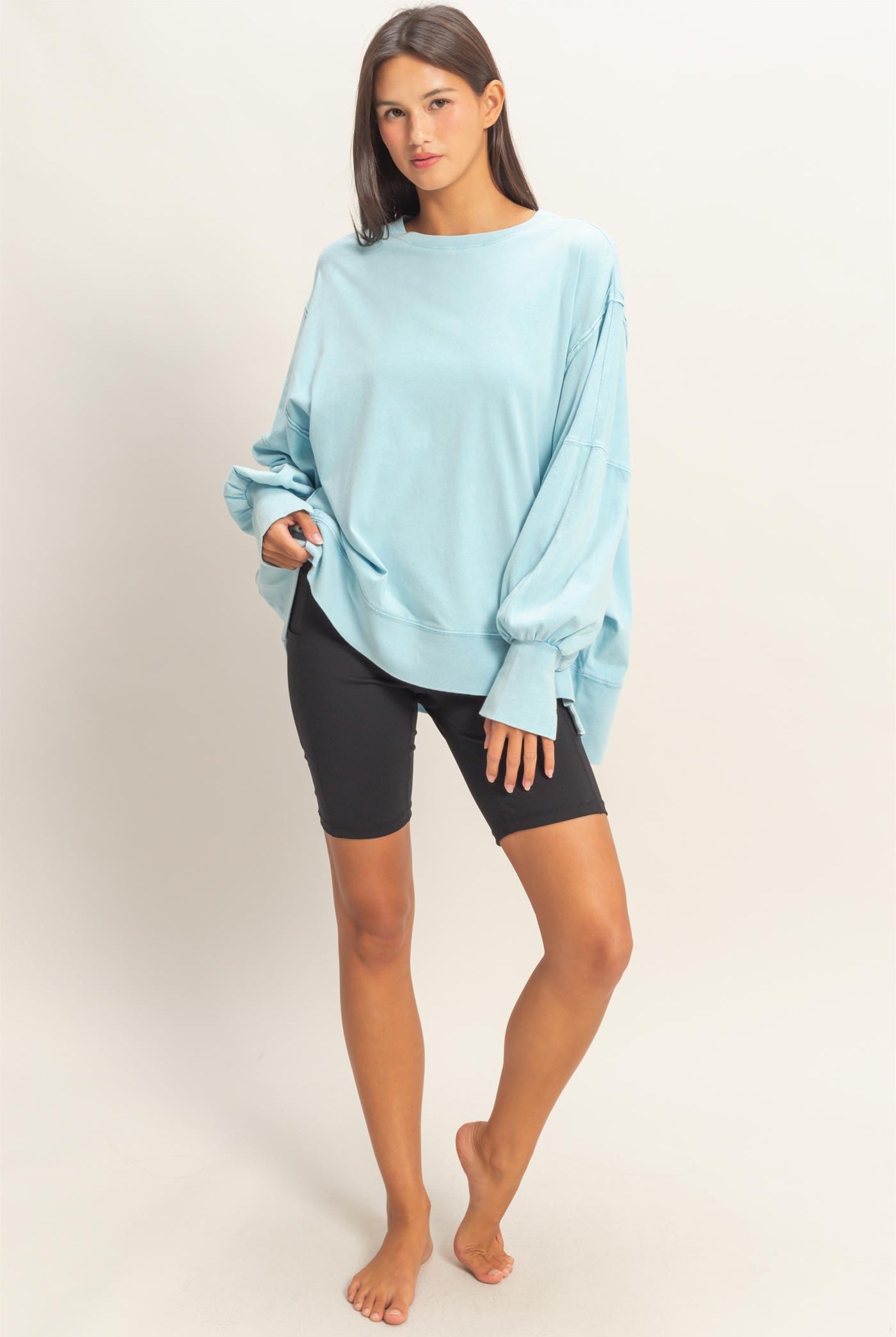 Wholesale Oversized Seam Detail Long Sleeve Top Sweatshirts DZ26C774 BLUE DOUBLE ZERO
