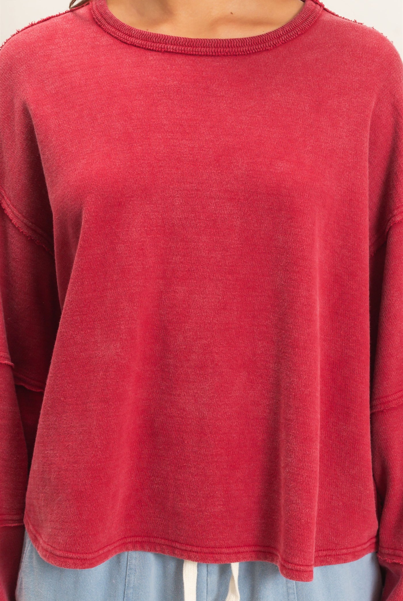 Wholesale Mineral Wash Overzised Raw Edge Crew Neck Top Clothing Tops DZ26E449 DARK RED DOUBLE ZERO