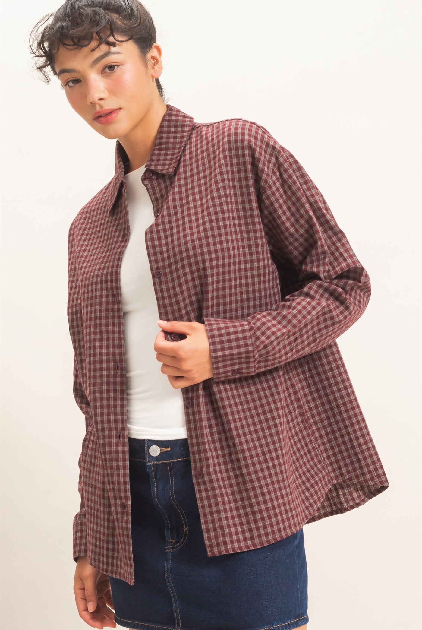 Wholesale Plaid Button-Up Shirt Shirts DZ26F012 BURGUNDY DOUBLE ZERO