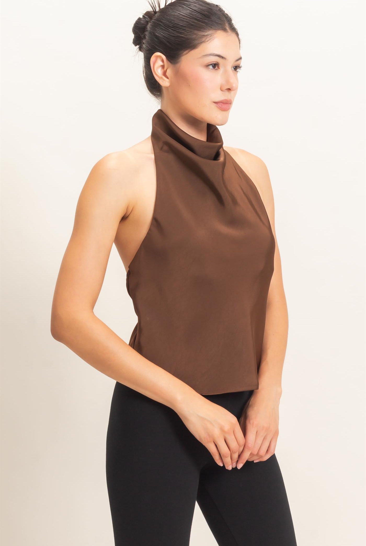 Wholesale Draped Halter Satin Top Blouses HF26E632 ESPRESSO HYFVE