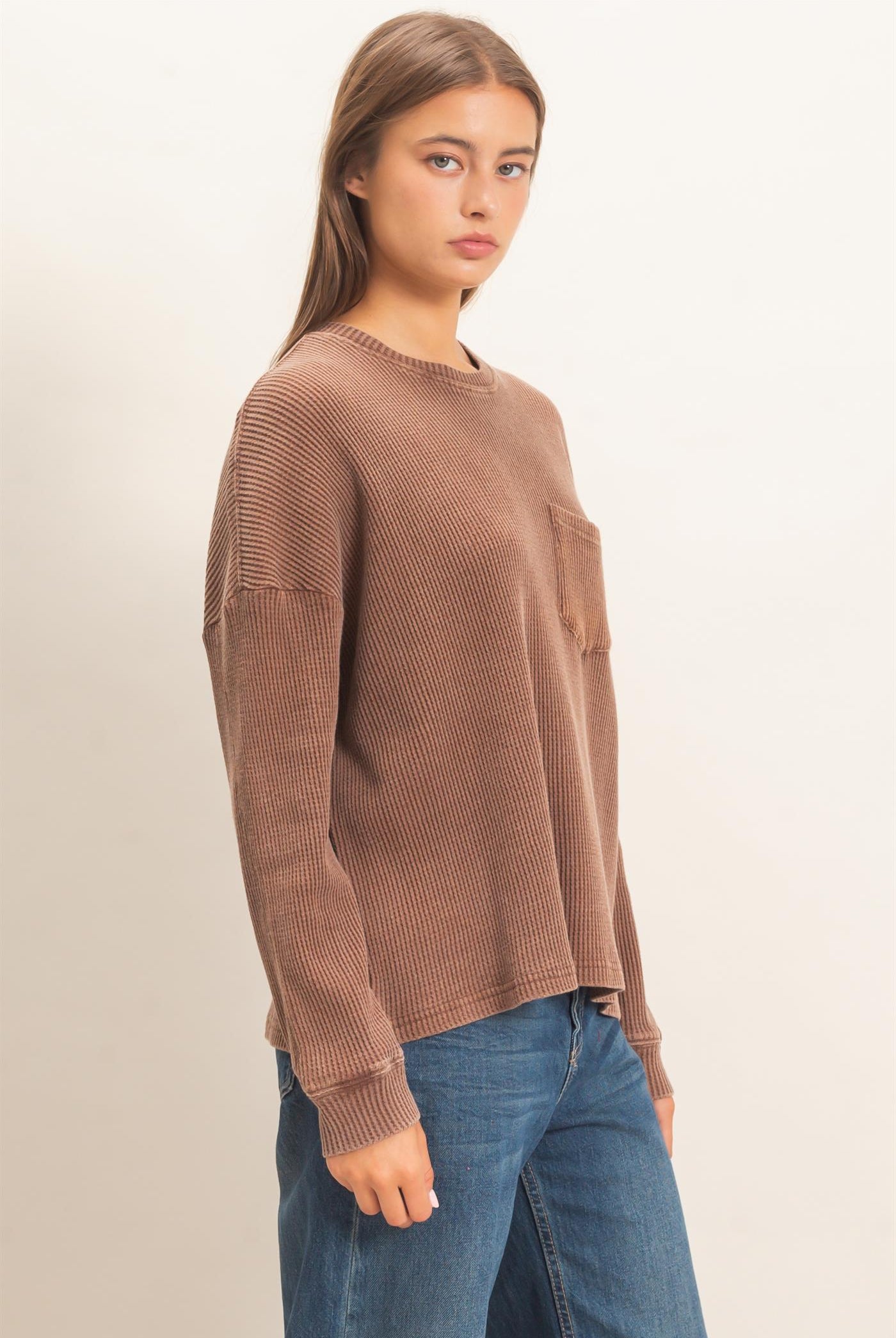 Wholesale Mineral Wash Waffle Long Sleeve Top Clothing Tops DZ26F242 DARK BROWN DOUBLE ZERO