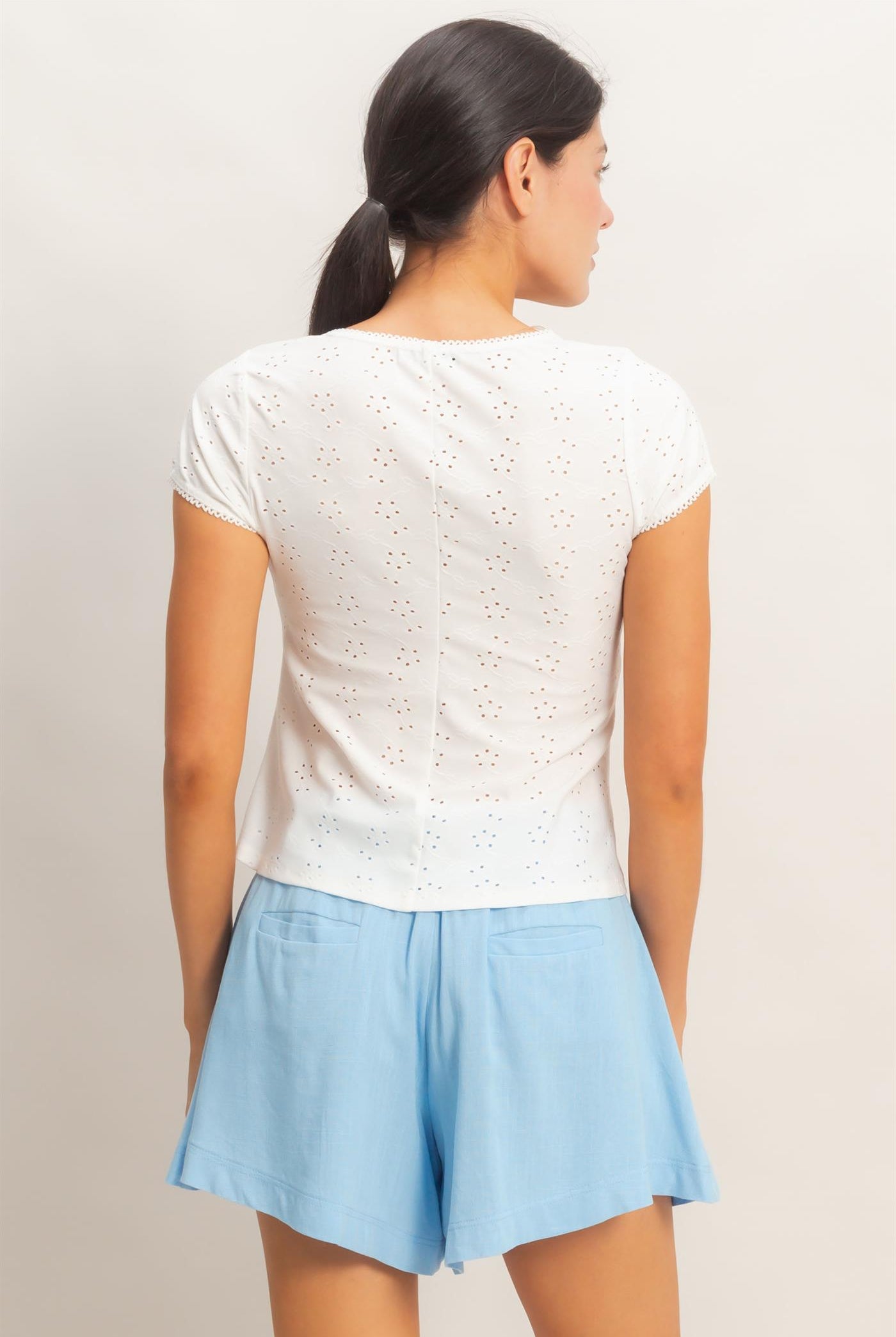 Wholesale Eyelet Button Front Knit Top Clothing Tops HF26C094 OFF WHITE HYFVE