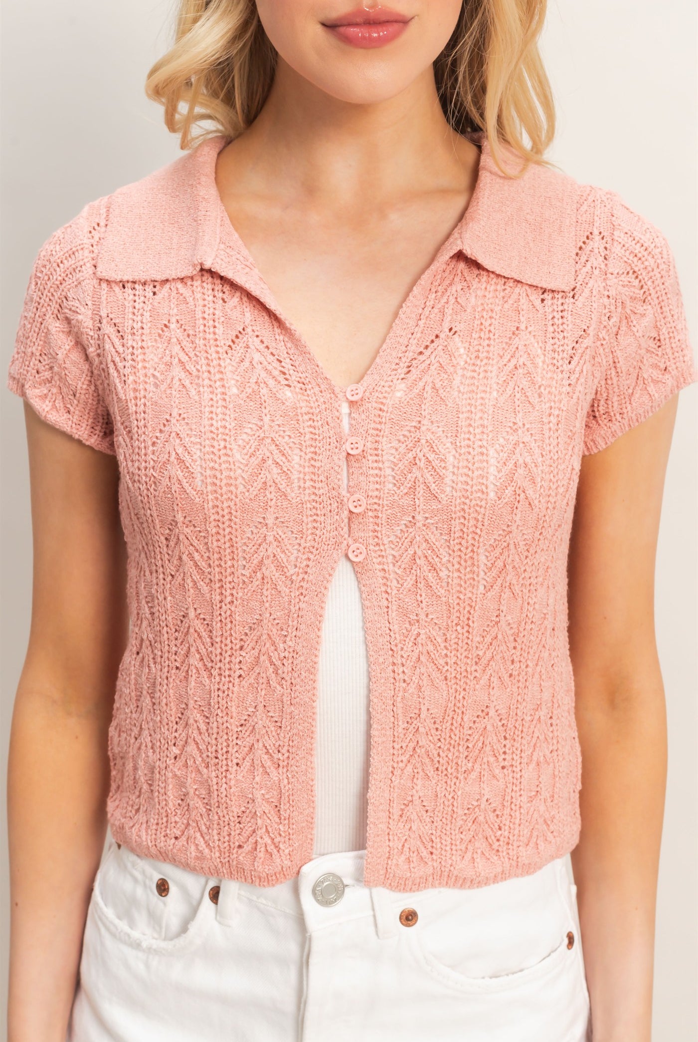 Wholesale Pointelle Knit Collared Cardigan Clothing Tops HF26A856 LIGHT MAUVE HYFVE