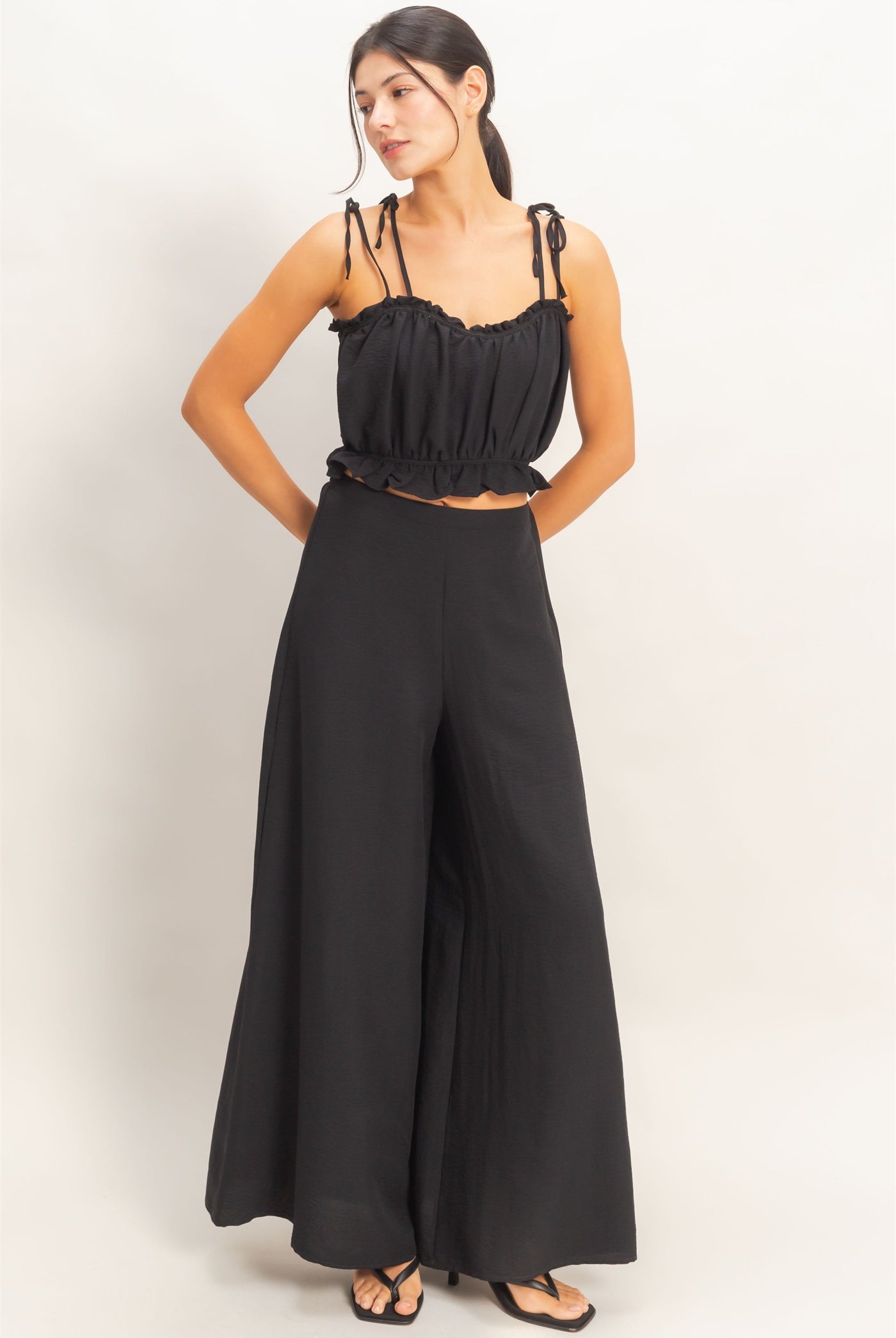 Wholesale Ruffle Smocked Bust Top & Wide Pants Clothing HF26A502-SET-D BLACK HYFVE