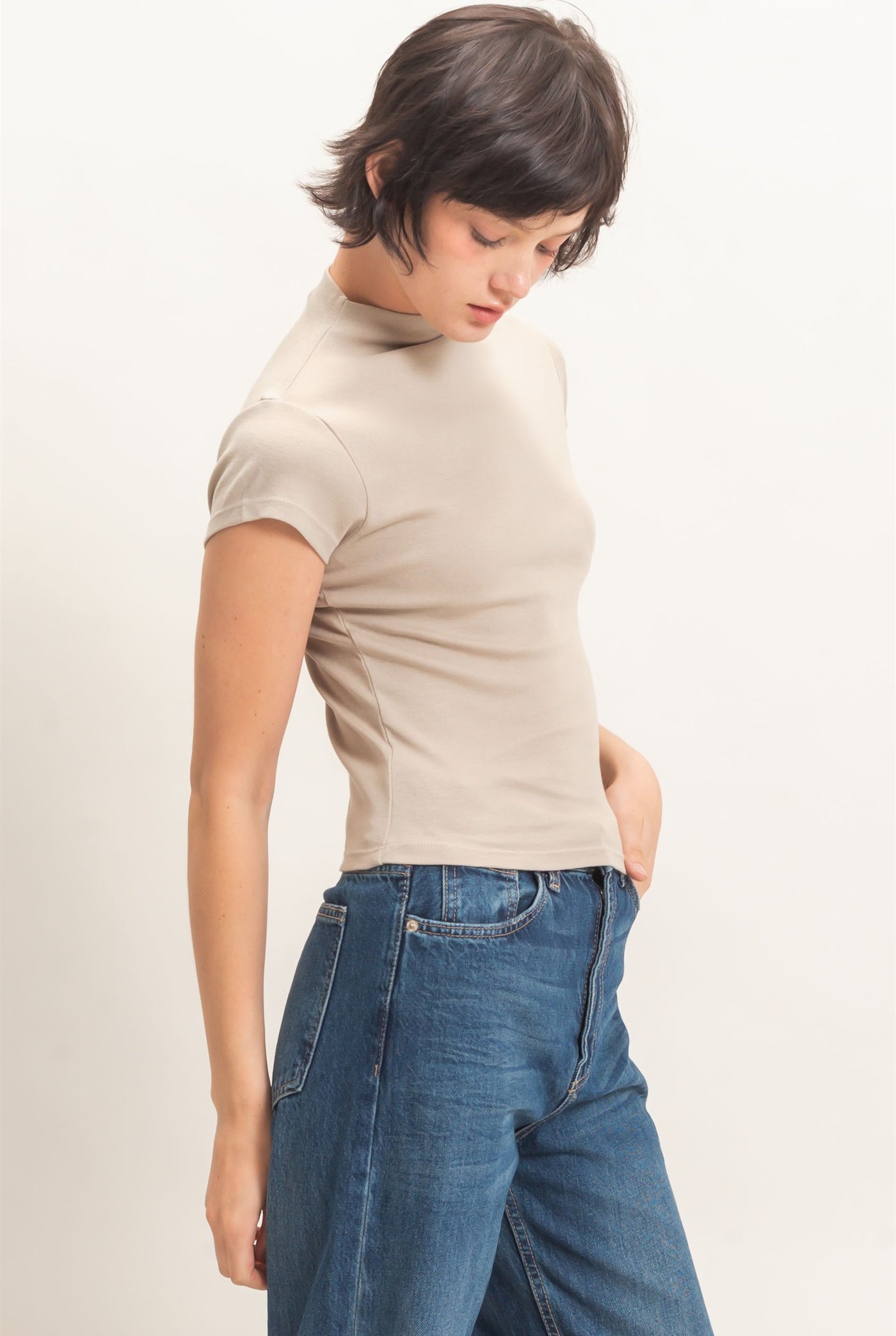Wholesale Mock Neck Cap Sleeve Top Clothing Tops DZ26E323 WARM GRAY DOUBLE ZERO