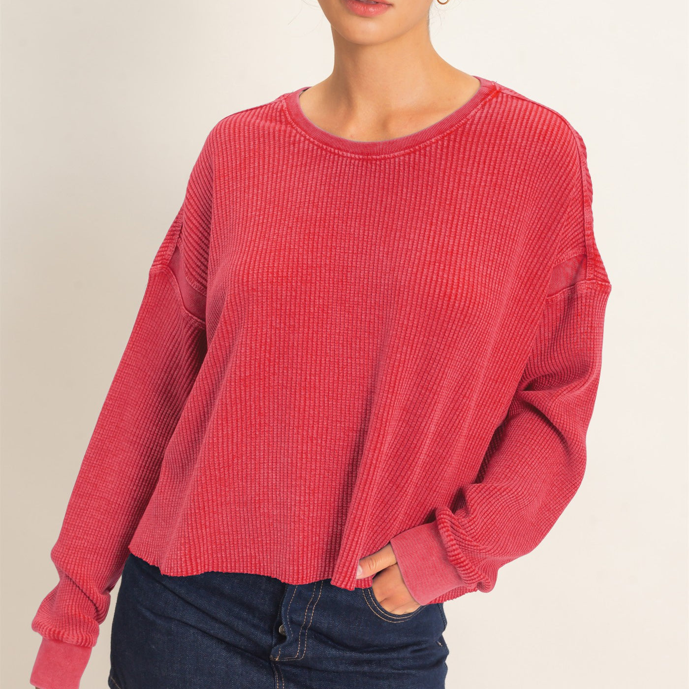 Wholesale Mineral Wash Waffle Open Back Top Clothing Tops DZ26C964 DARK RED DOUBLE ZERO