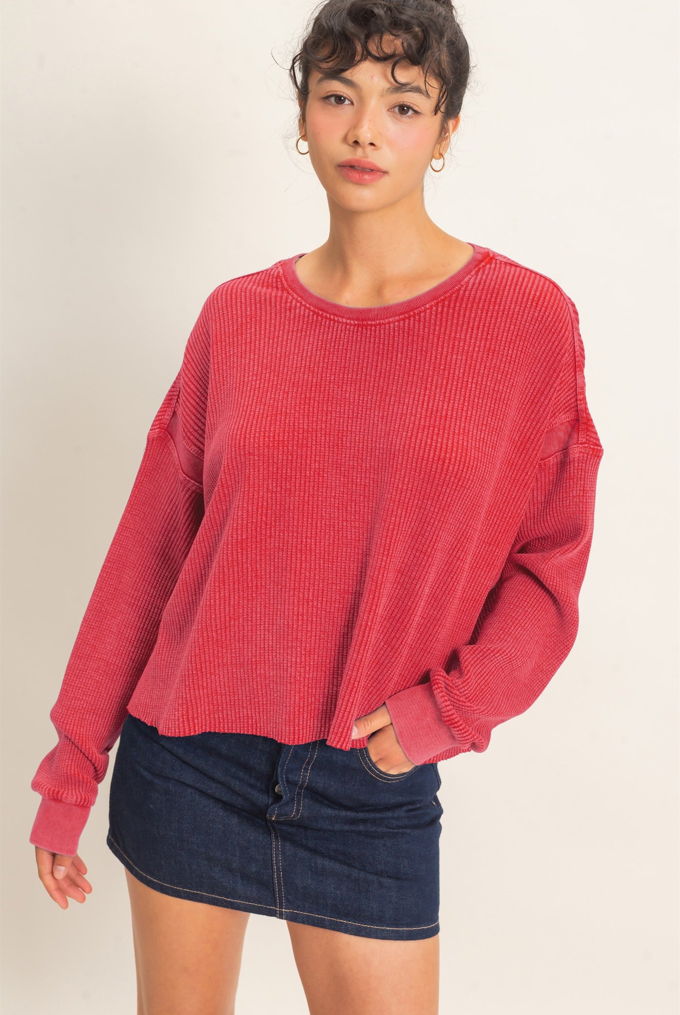 Wholesale Mineral Wash Waffle Open Back Top Clothing Tops DZ26C964 DARK RED DOUBLE ZERO