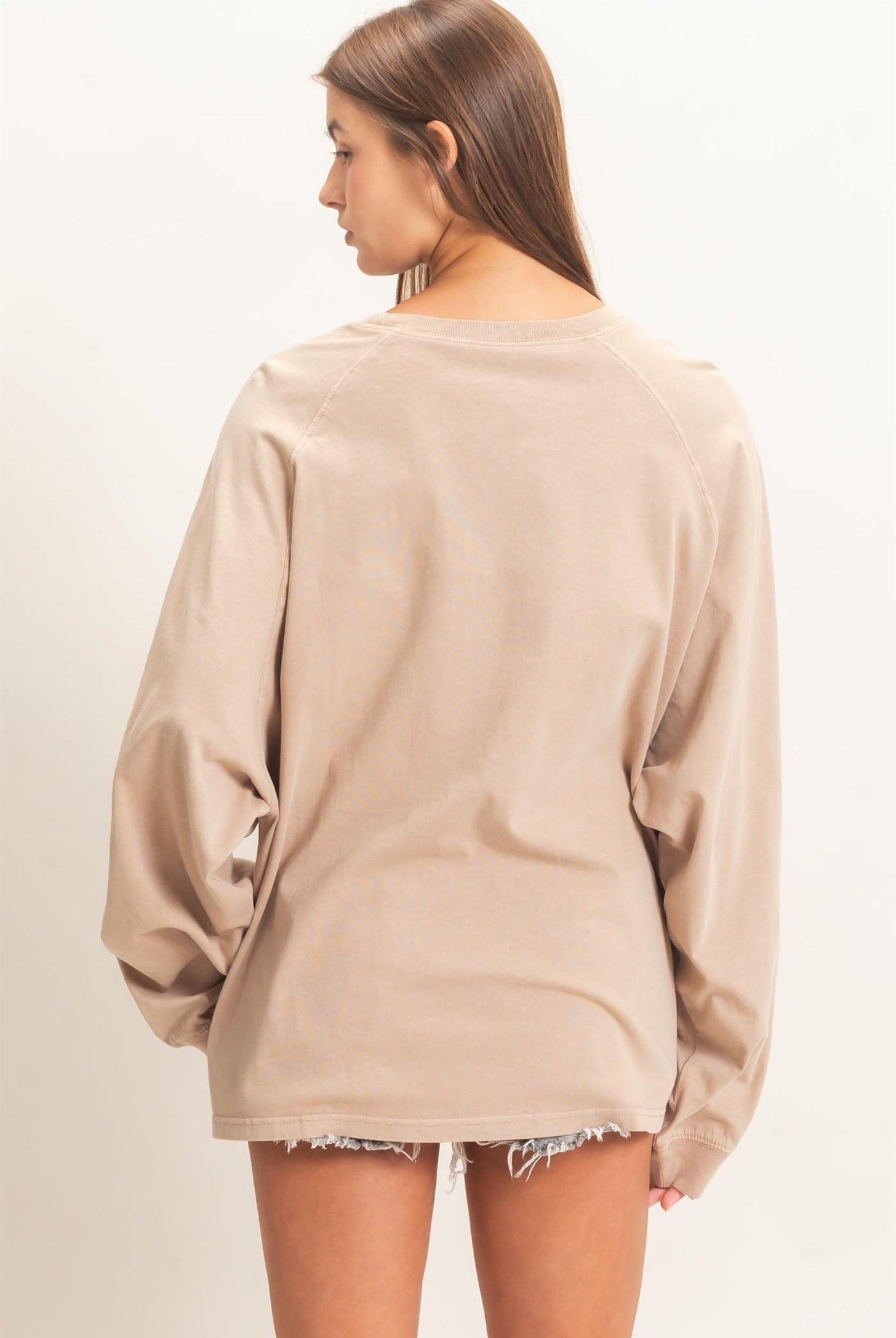 Wholesale Pigment Dye Oversized Long Sleeve Top Clothing Tops DZ26A825 TAUPE DOUBLE ZERO