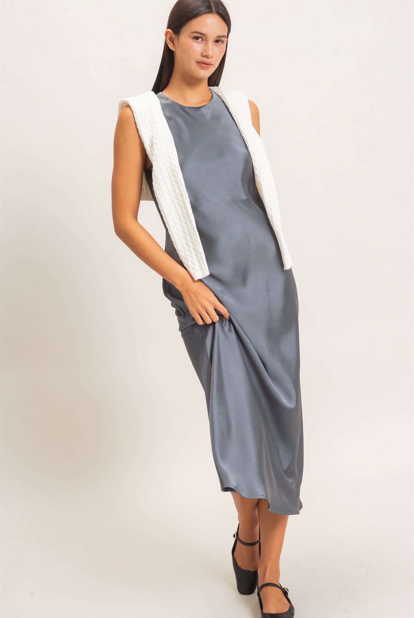 Wholesale Sleeveless Satin Midi Dress Dresses DZ26E257 DARK GRAY DOUBLE ZERO
